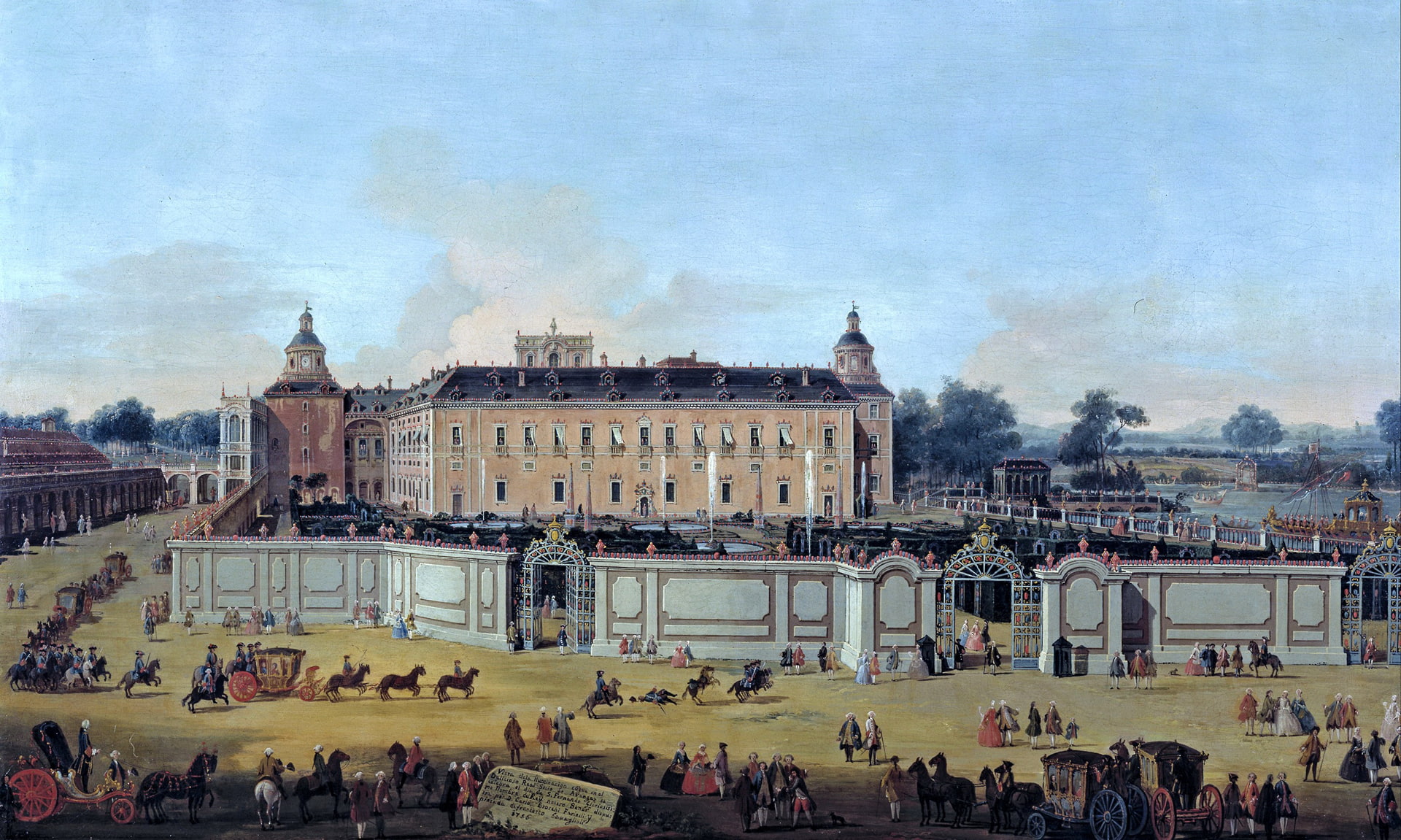 landscape, people, picture, coach, Francesco Battaglioli, View of the Palace of Aranjuez