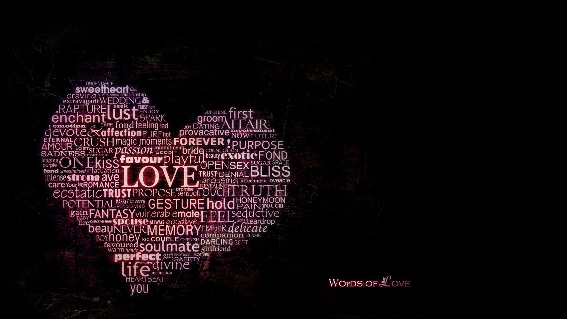 heart-shaped texts, typography, word clouds, black background