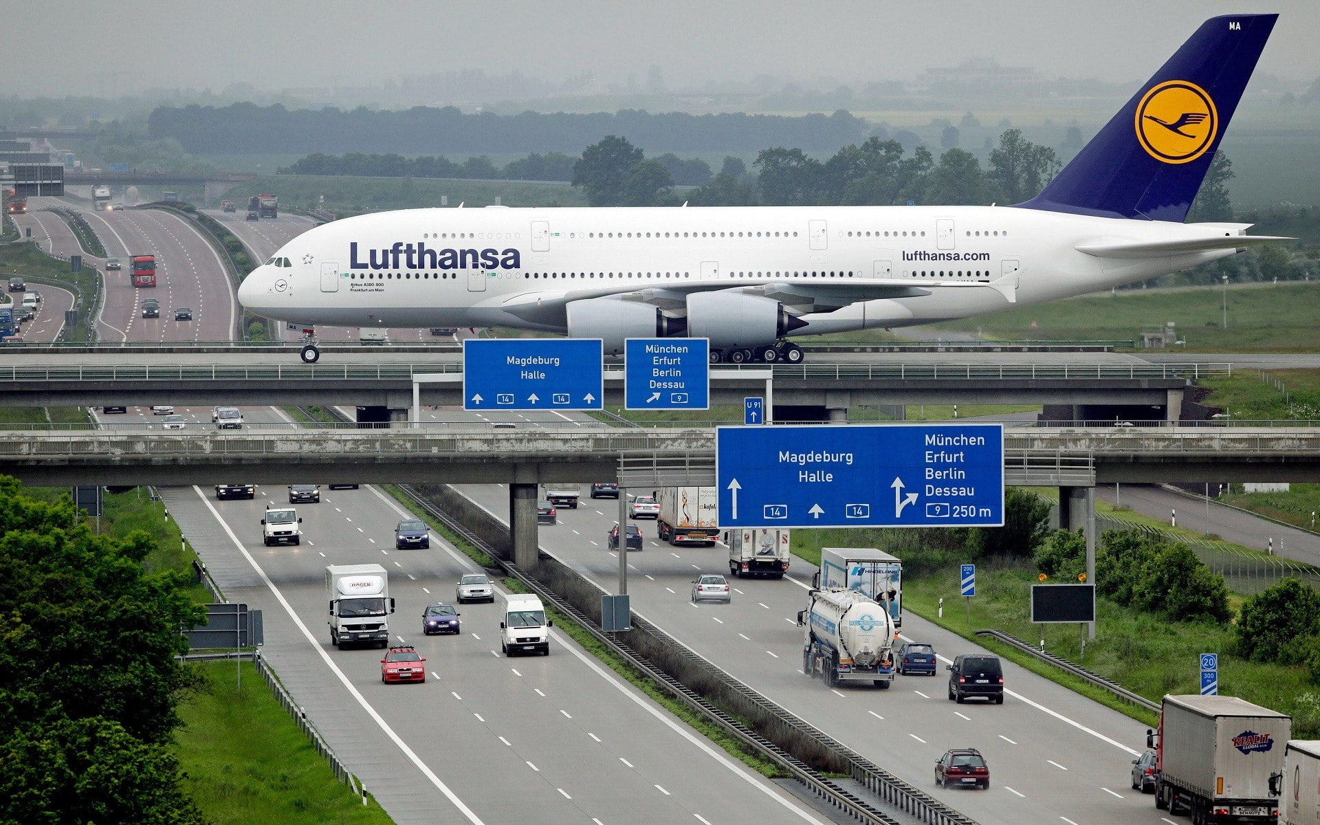 Leipzig Airport, car, road, Airbus, Lufthansa, A380, Germany