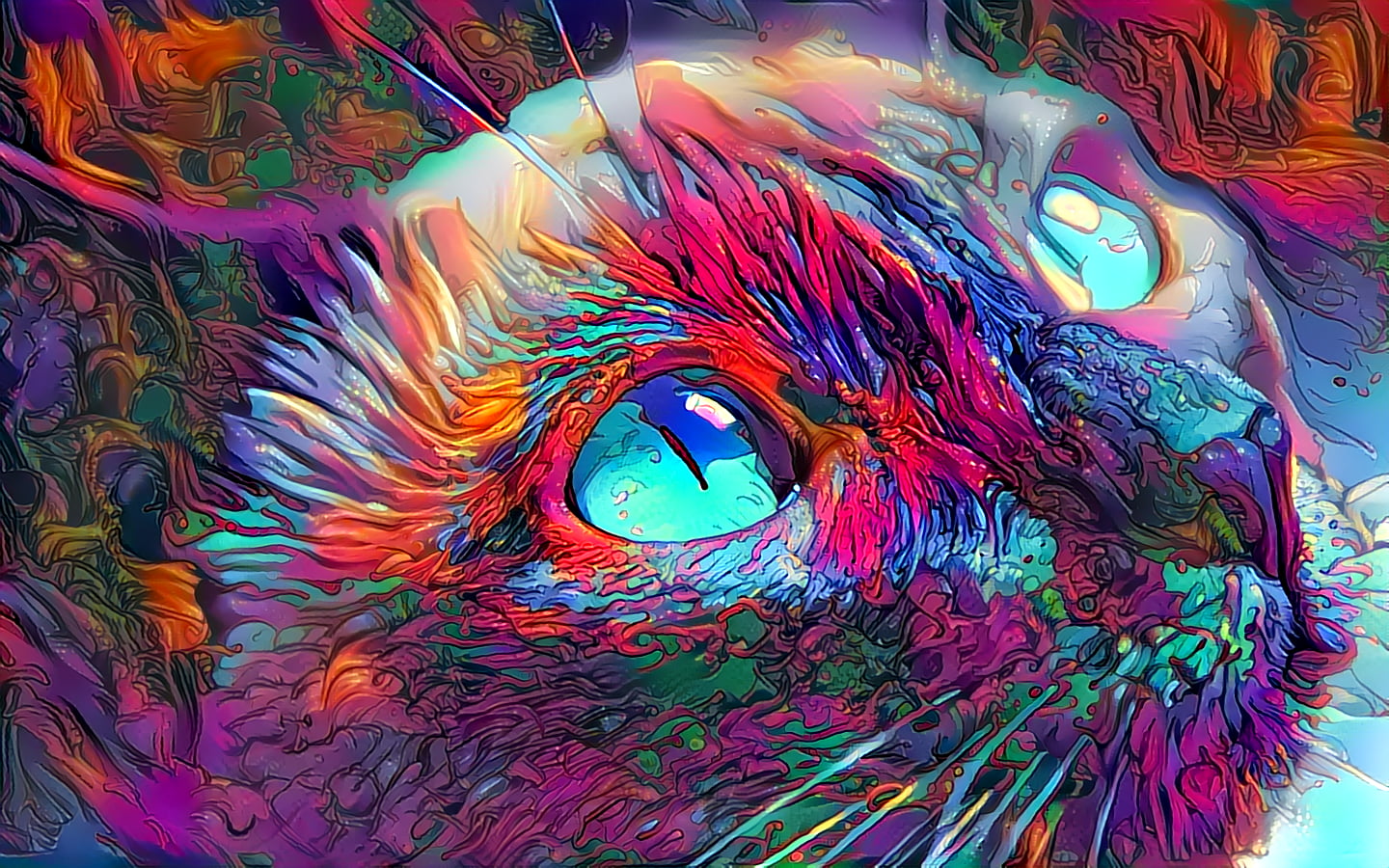 pink, blue, and teal cat pop art painting, artwork, eyes, deep-art