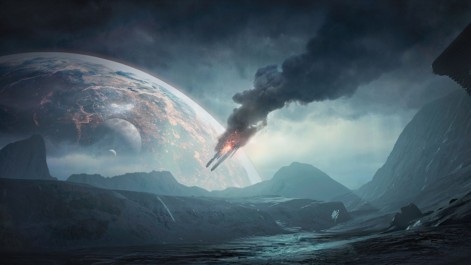 Mountains, Smoke, Planet, Space, Earth, BioWare, Mass Effect