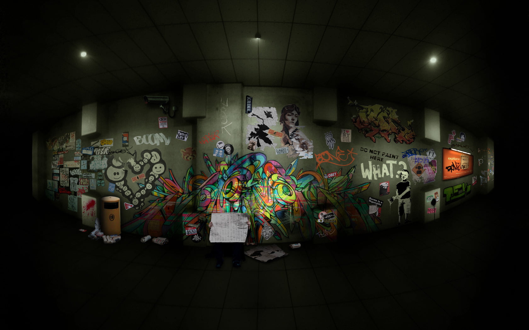 Grafitti wall art, labels, collage, graffiti, corridor, drawings