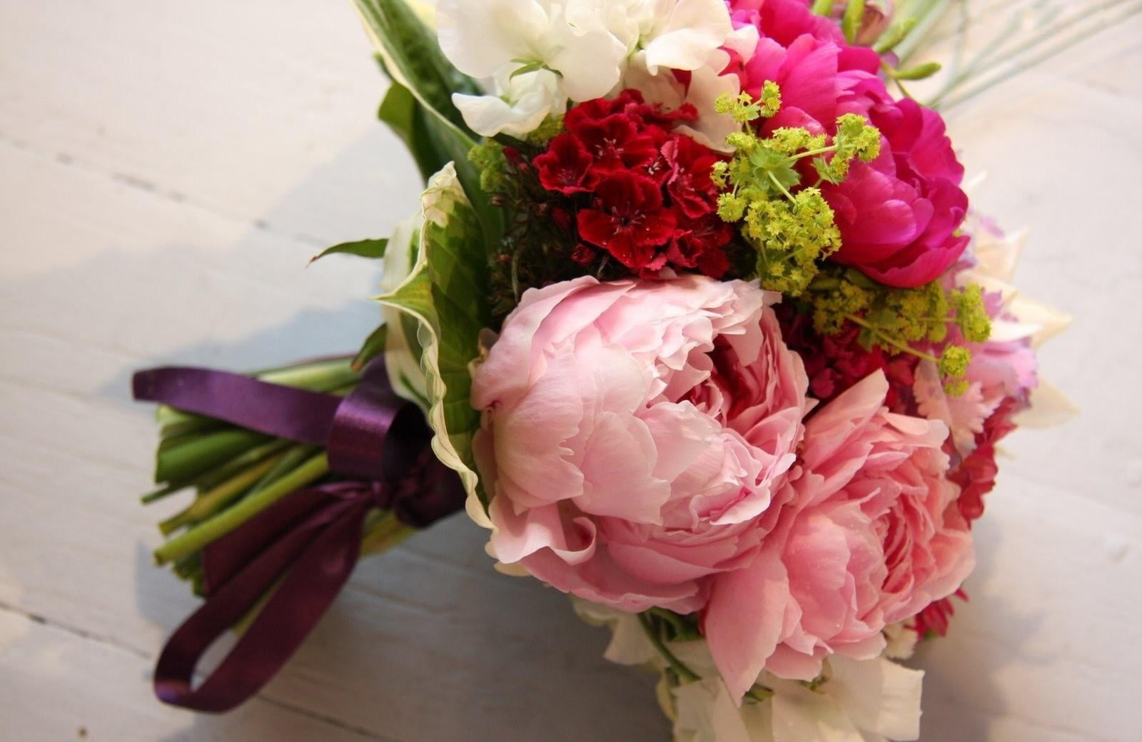 pink, white, and red peonies bouquet, peony, freesia, flowers