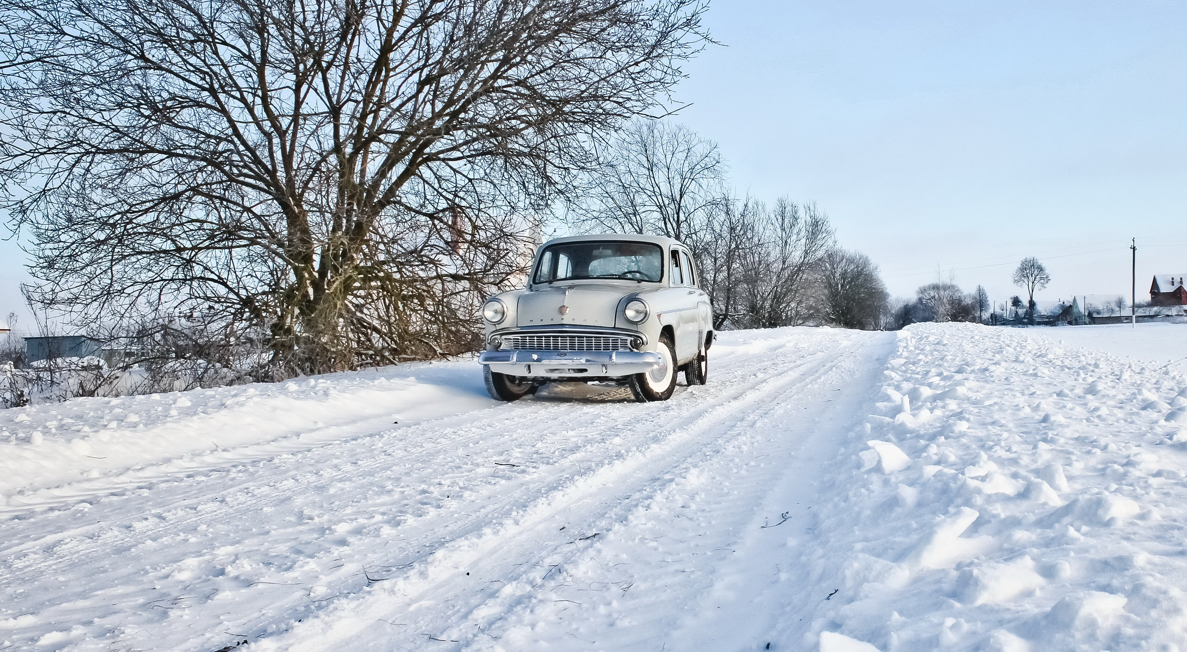 winter, road, machine, Moskvich 407