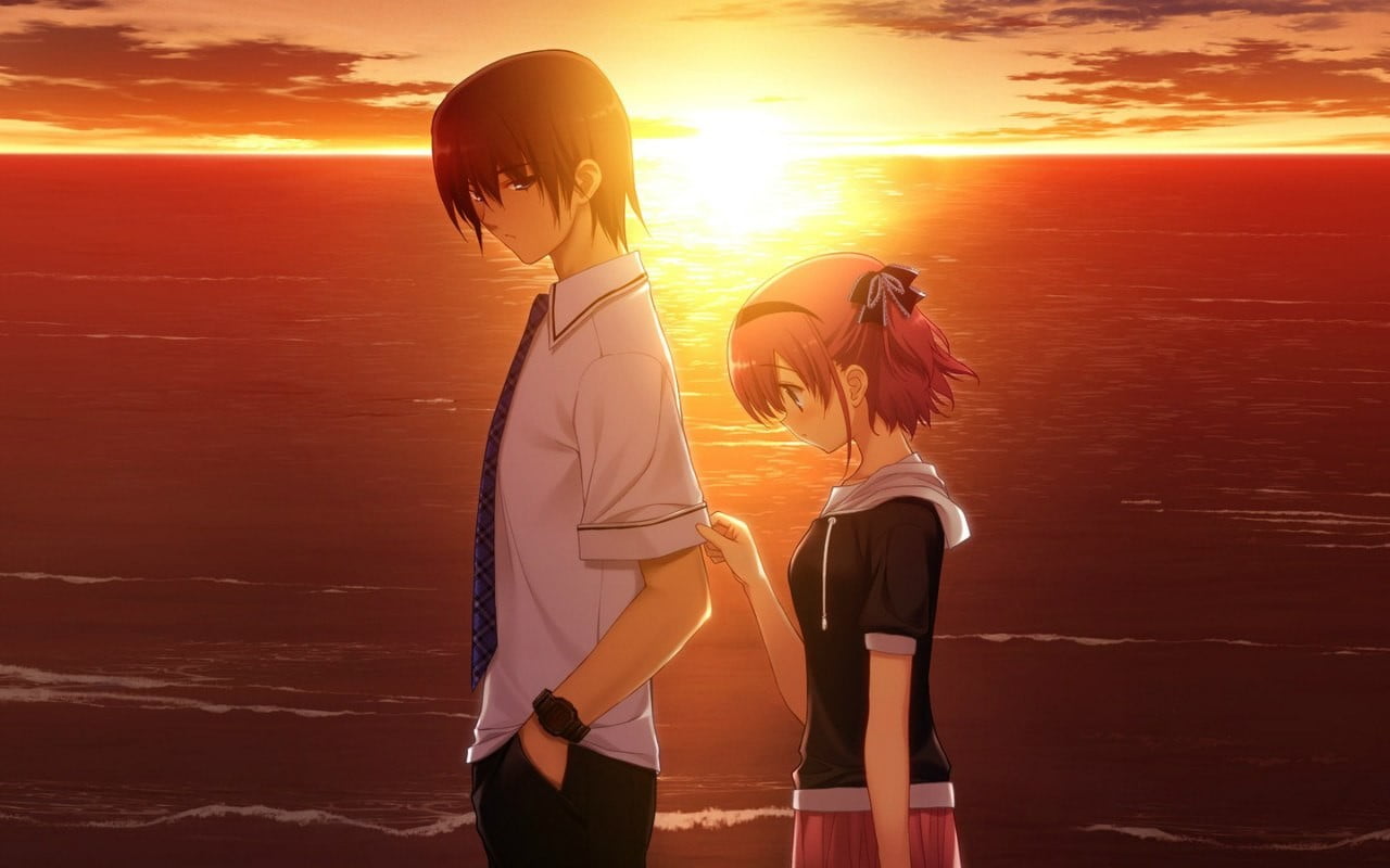 male and female anime character walking near body of water during golden hour wallpaper