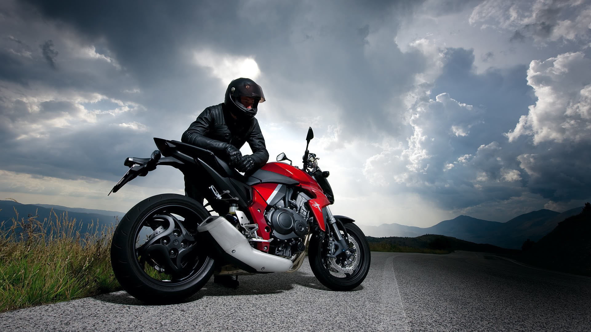 Motorcycle, Sport, Cyclist, Sky, Clouds, Road, Mountains