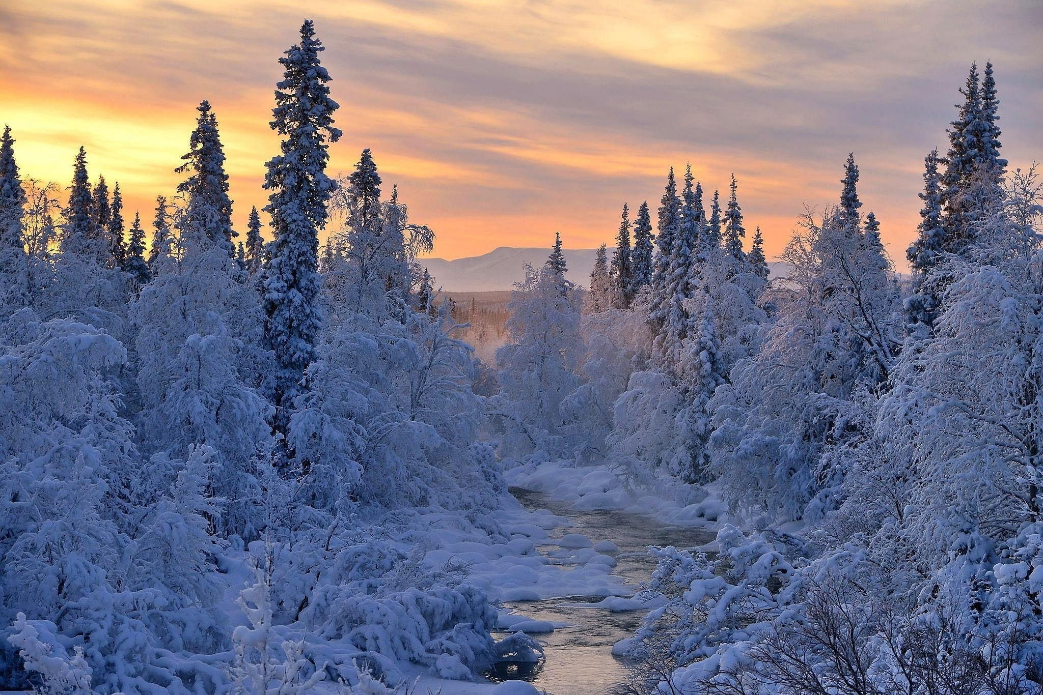 landscape, river, snow, sunset, winter