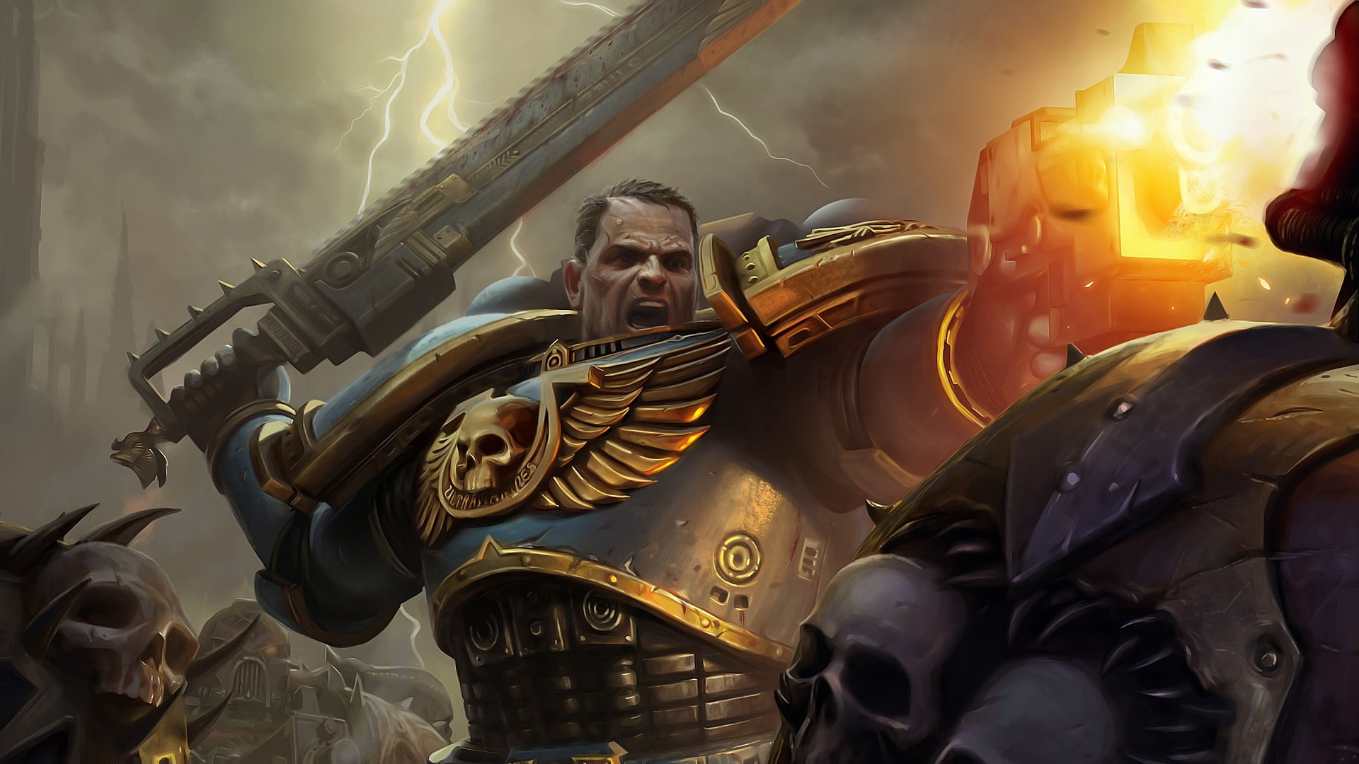 Warhammer 40,000, Space Marine, armor, fantasy art, lightning