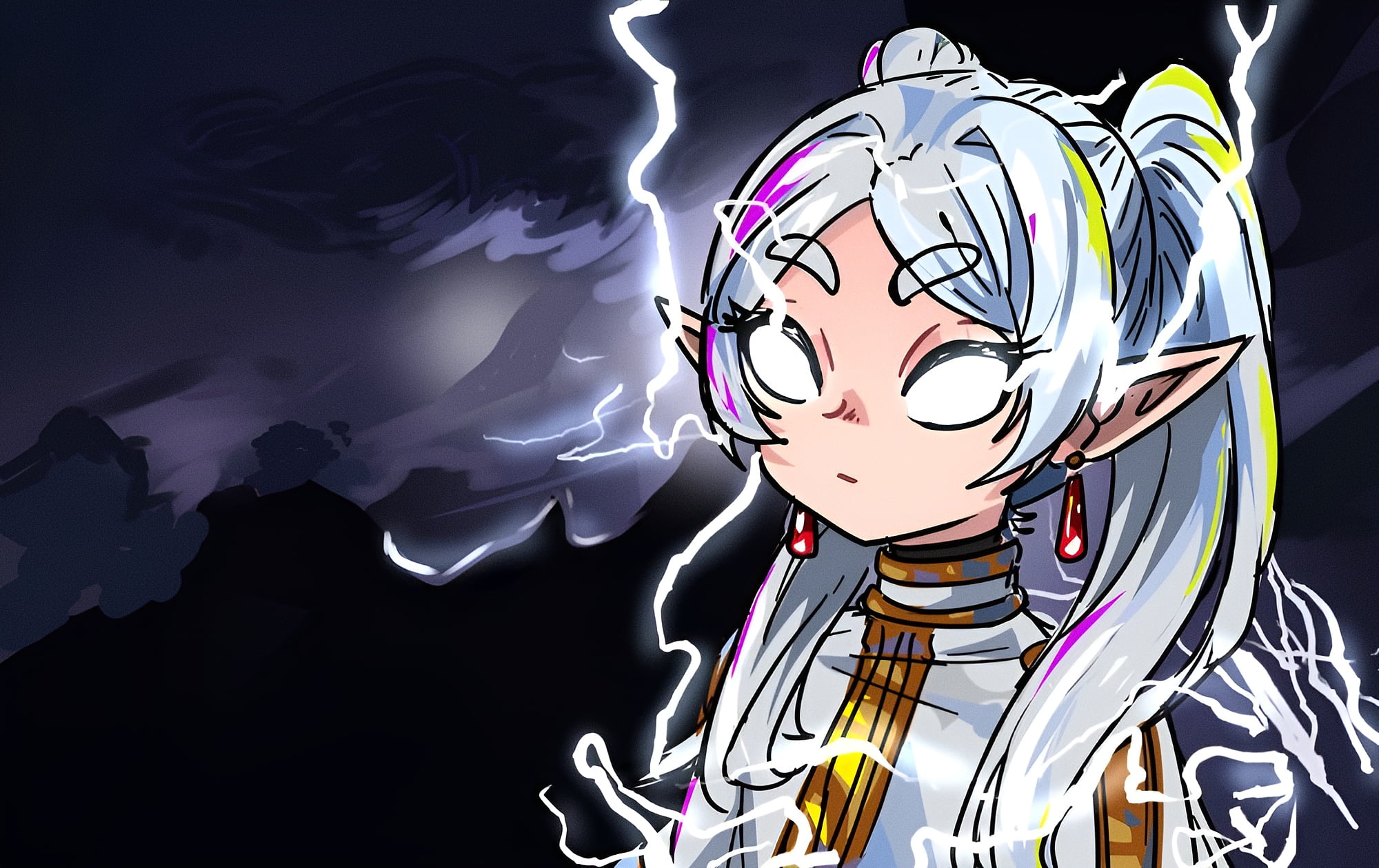 Frieren (Sousou no Frieren), anime, lightning bolt, white eyes