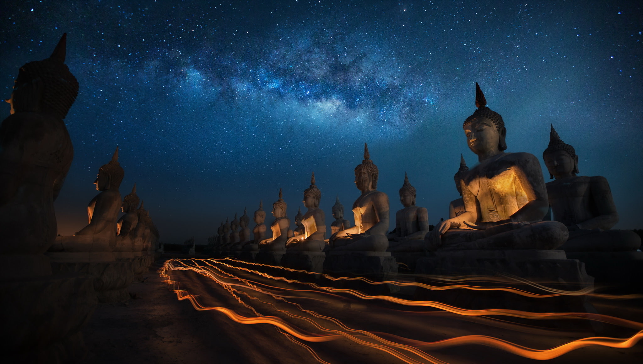 Thailand, sky, night, Candly festival, Buddha statue