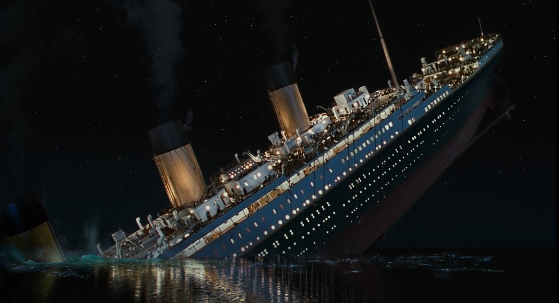 Titanic movie still, water, nautical vessel, night, transportation