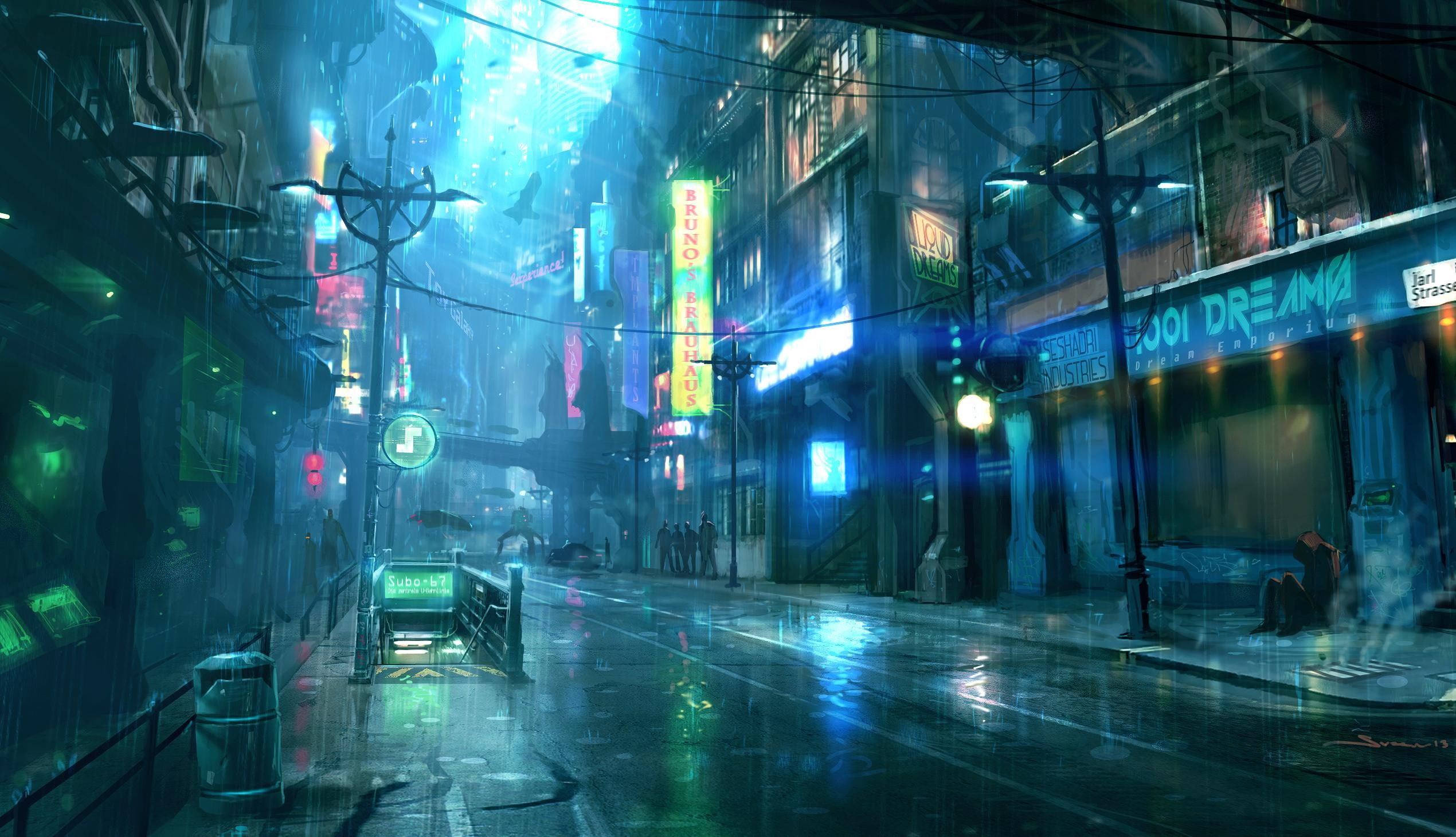 neon light, rain, science fiction, digital art, street, city view photography