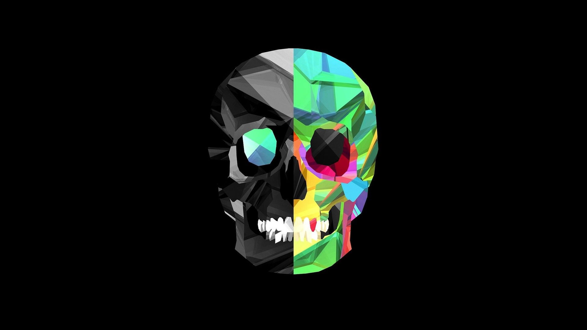 skull background desktop, black background, studio shot, multi colored