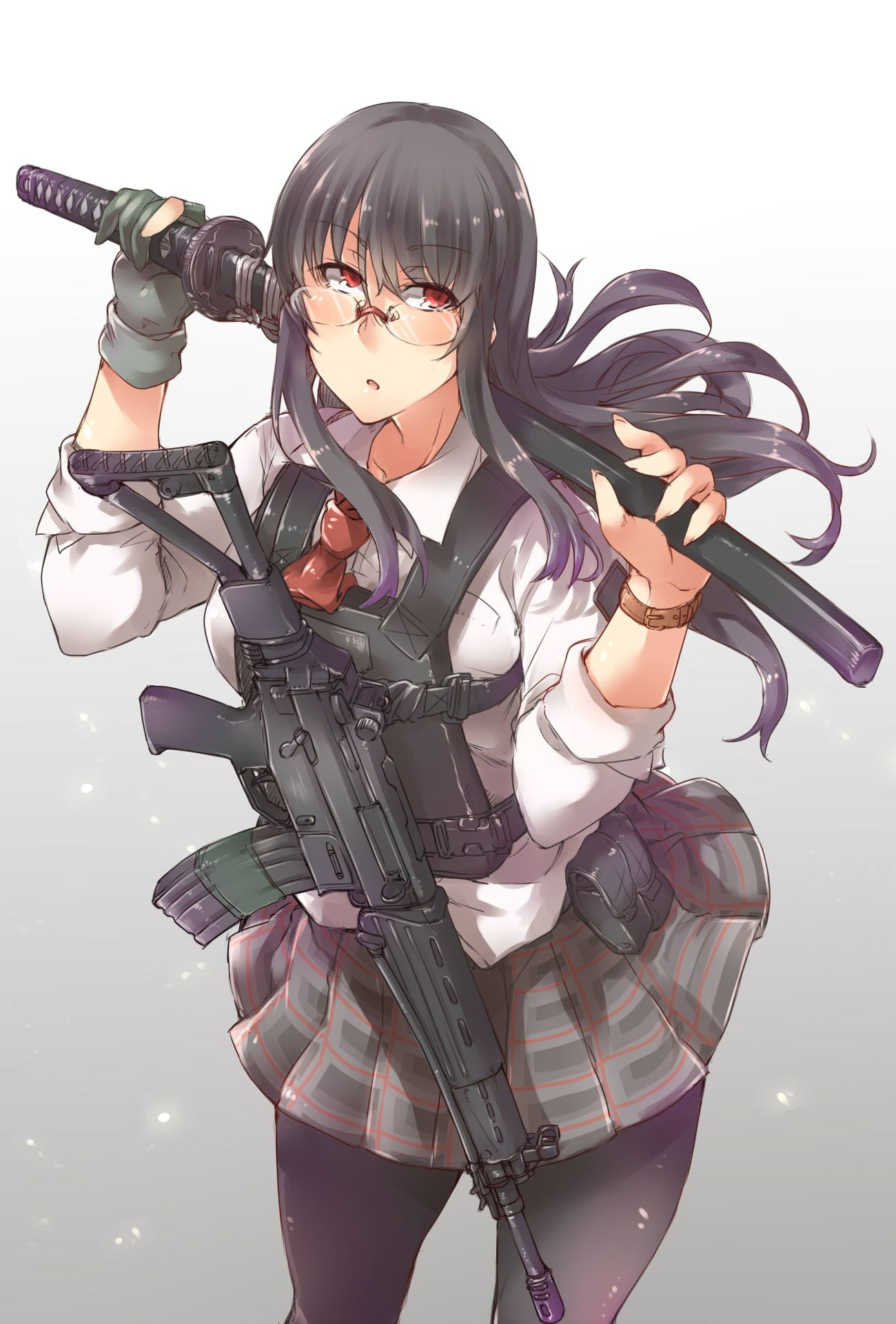 anime, anime girls, long hair, red eyes, glasses, weapon, gun