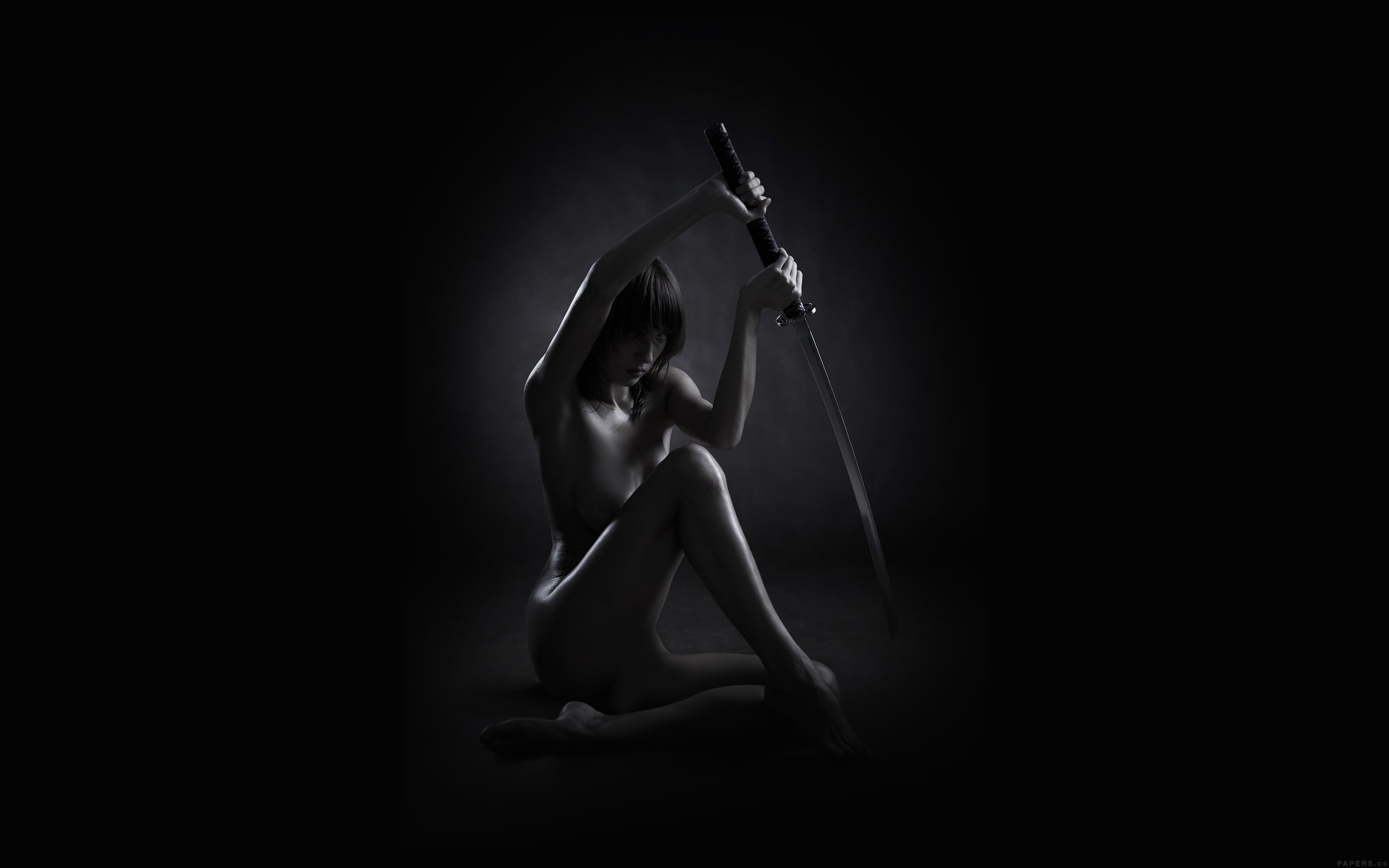 girl, nude, photo, sword, art, dark, black, black background