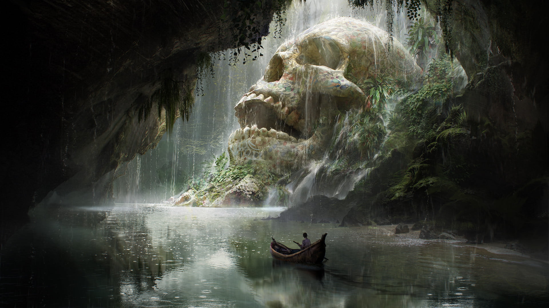 skull island character riding boat game application, man on boat near white skull movie scene