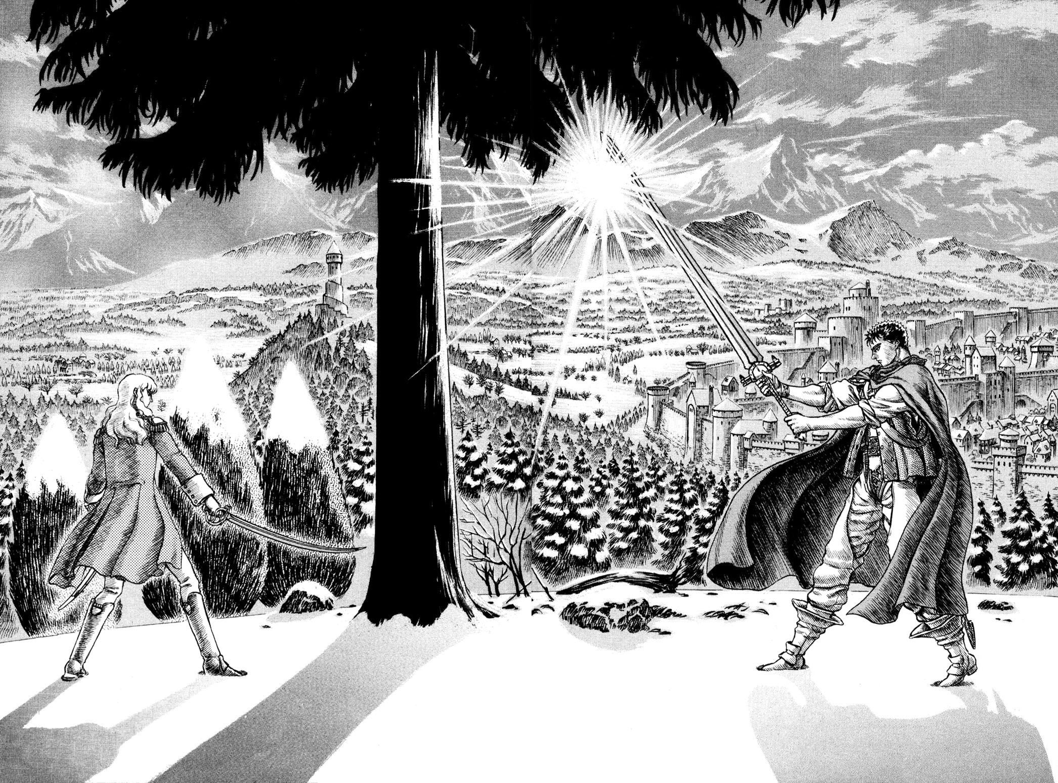 Berserk, Guts, Griffith, snow, castle, Kentaro Miura