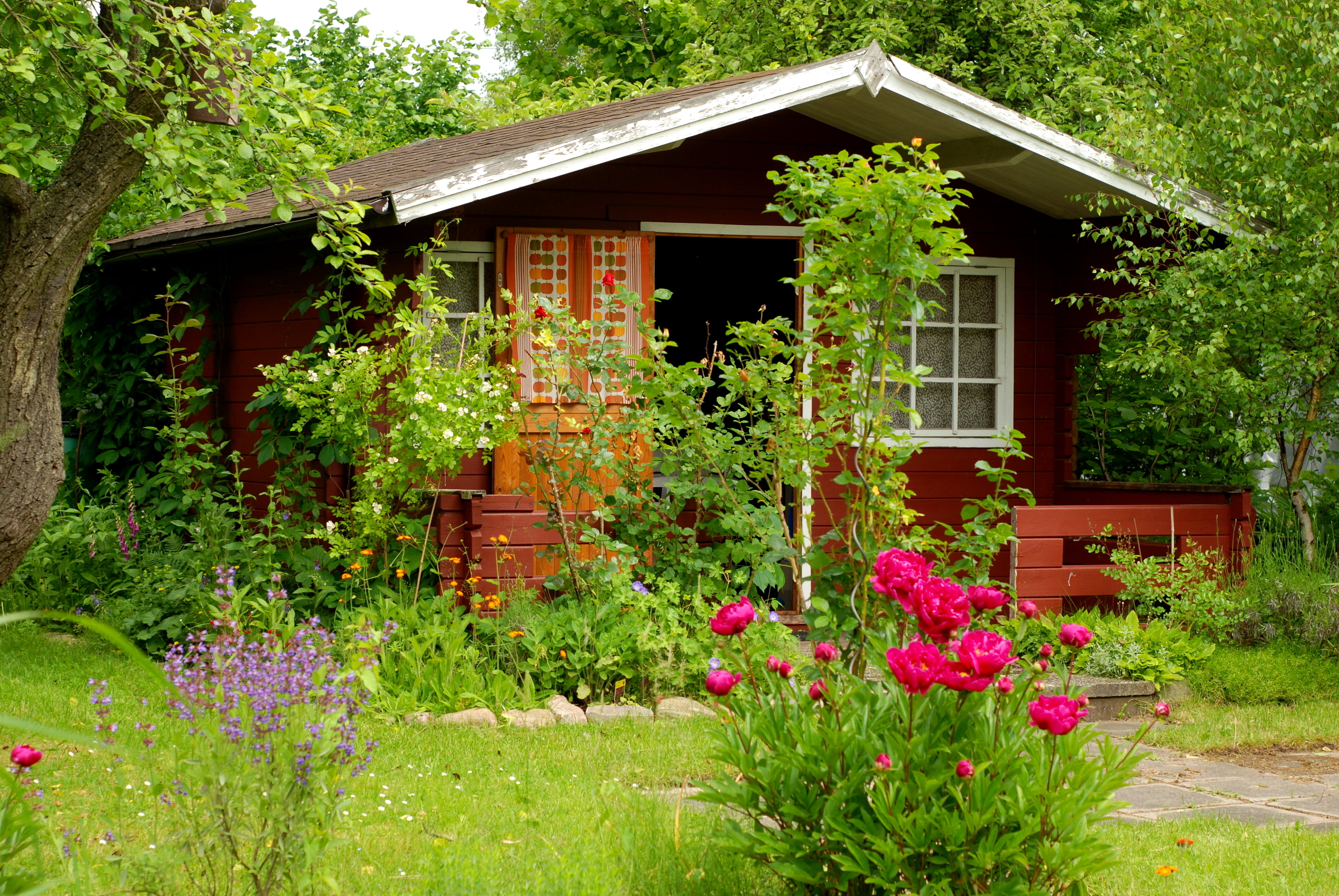brown wooden house, summer, trees, flowers, garden, cottage, wood - Material