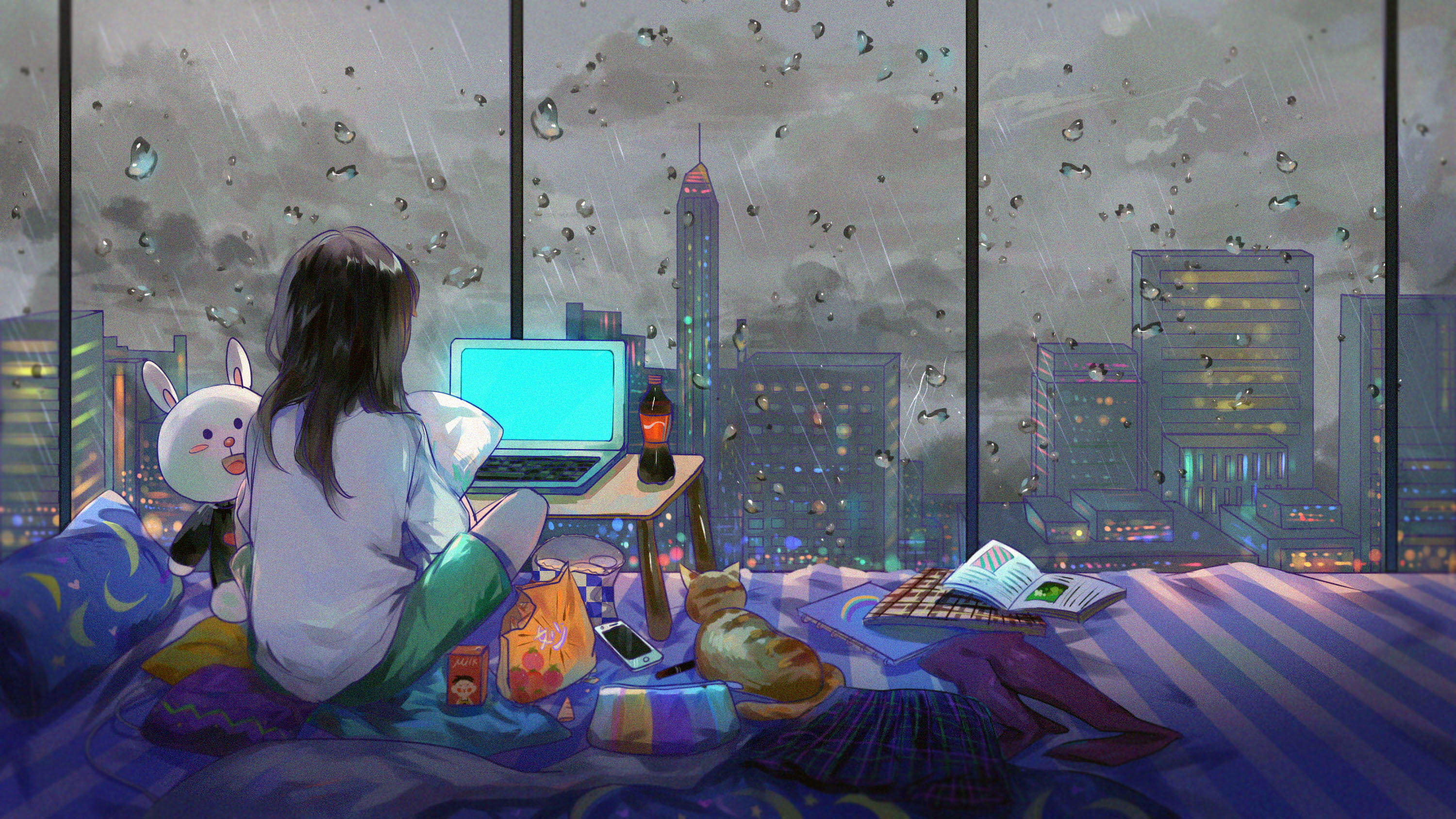 girl sitting on bed watching laptop computer illustration, artwork