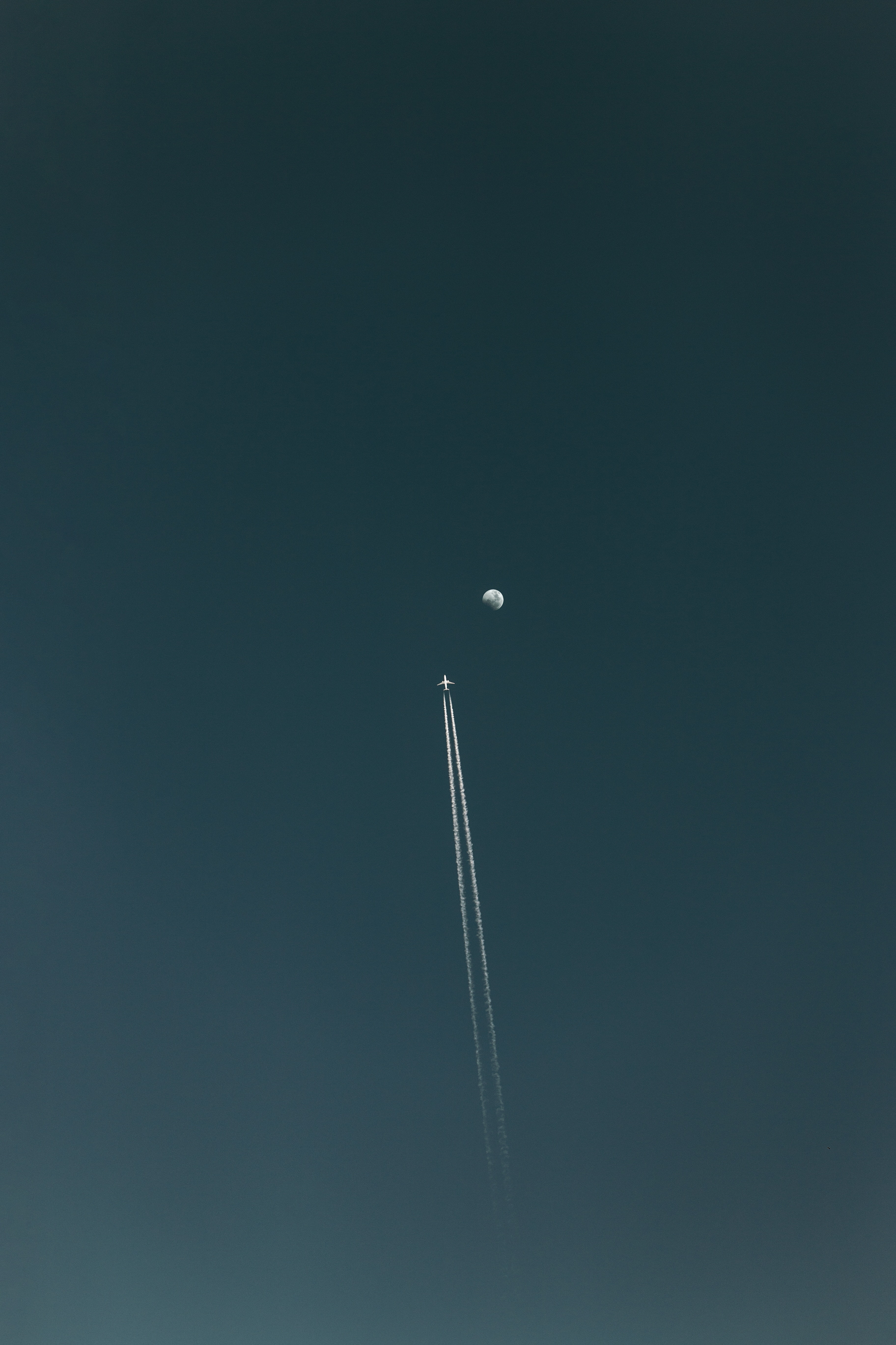 plane, moon, sky, minimalism, flight, trace