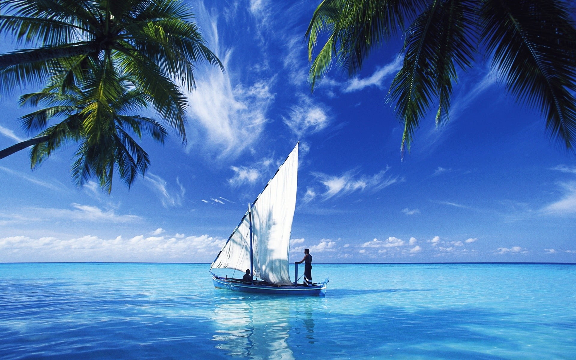 white and blue sailboat, sailing ship, Maldives, Riyalu Dhoni
