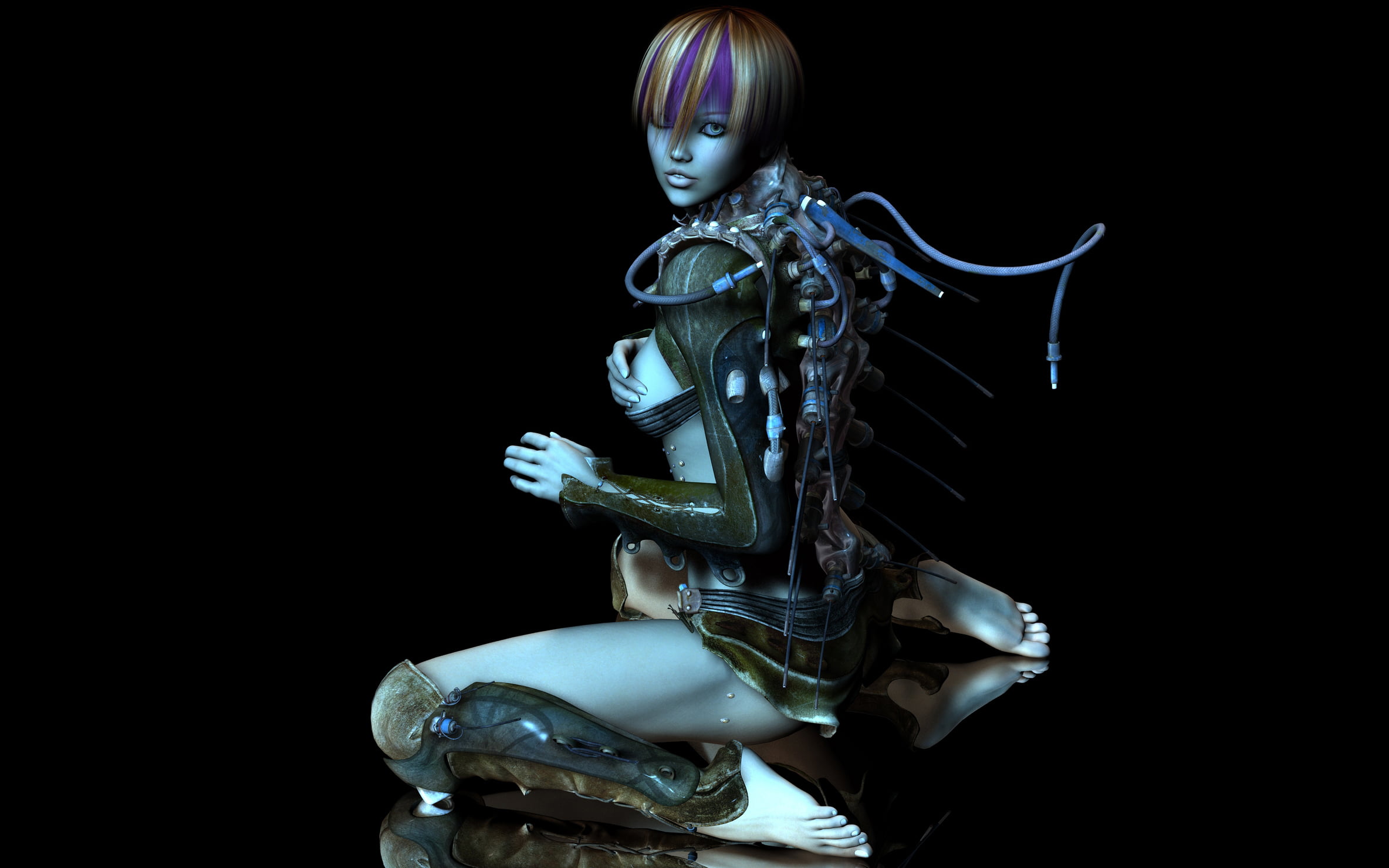 female animated character digital wallpaper, girl, cyborg, tube