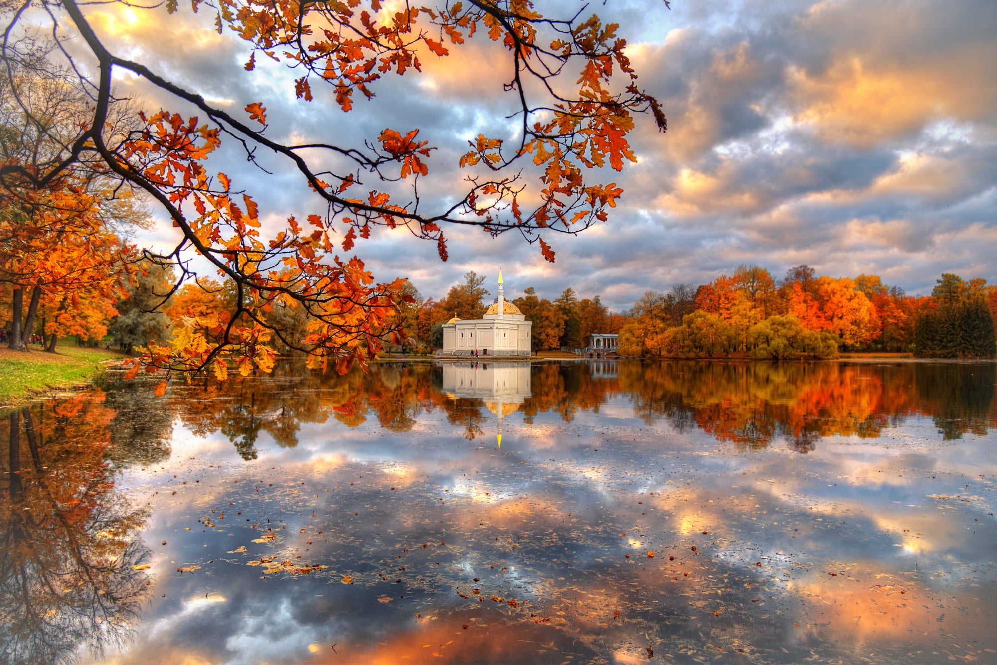 autumn, clouds, trees, landscape, branches, nature, Park, reflection