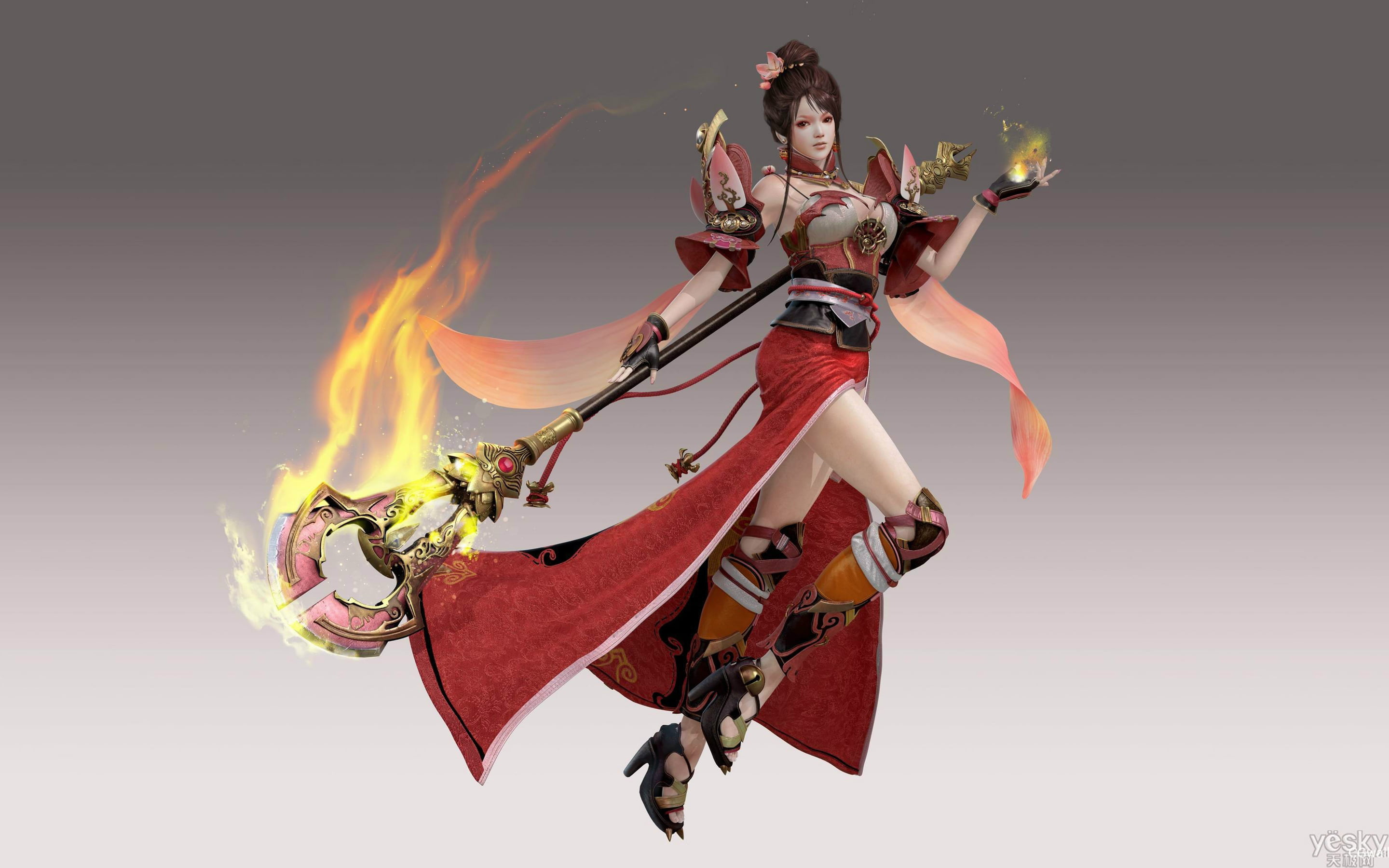 Asian Girl Fighter Feminine Beauty Red Clothes Magic Stick Flame Wallpaper For Desktop