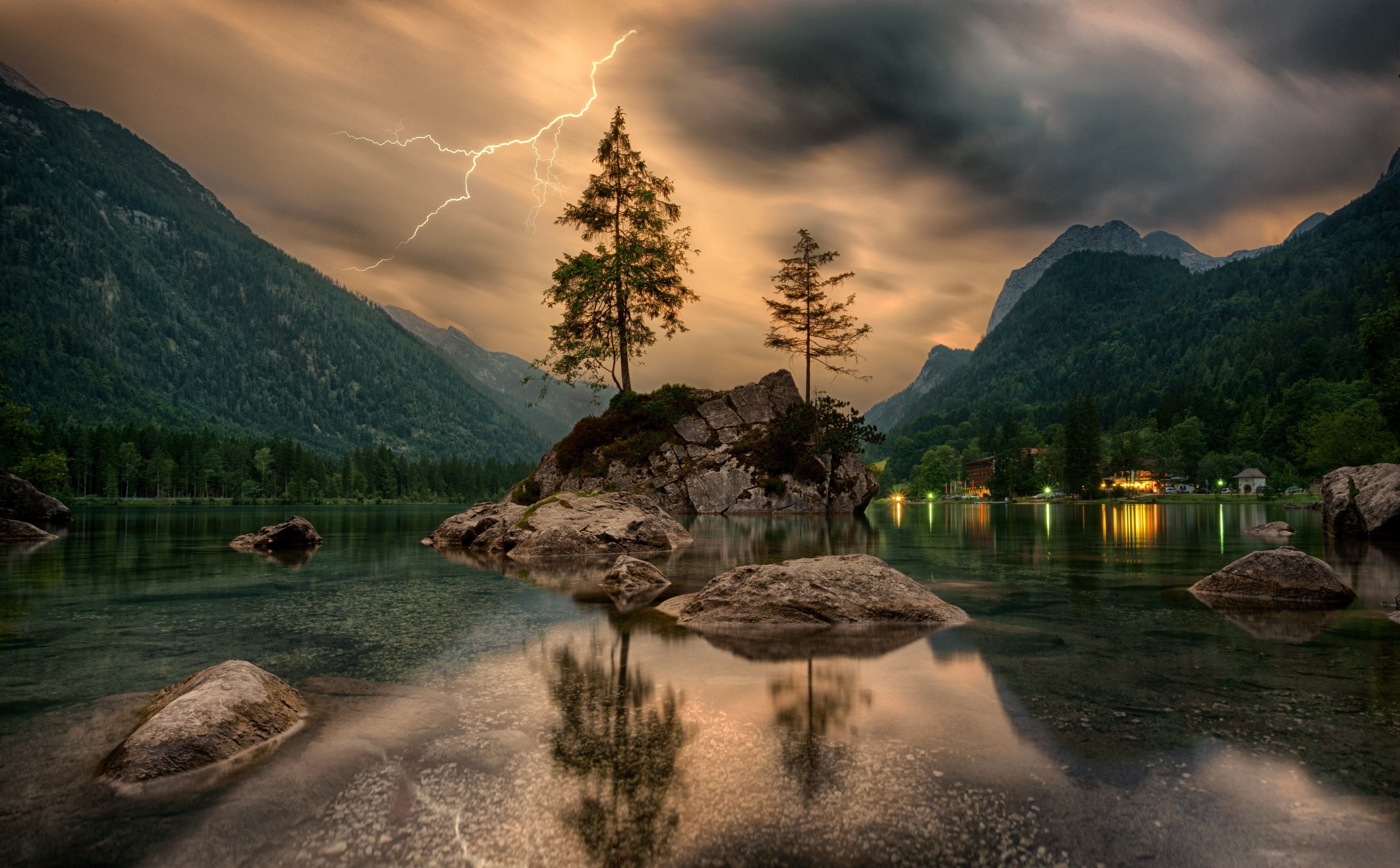 Thunderstorm with Lightning in Mountain, body of water, Nature
