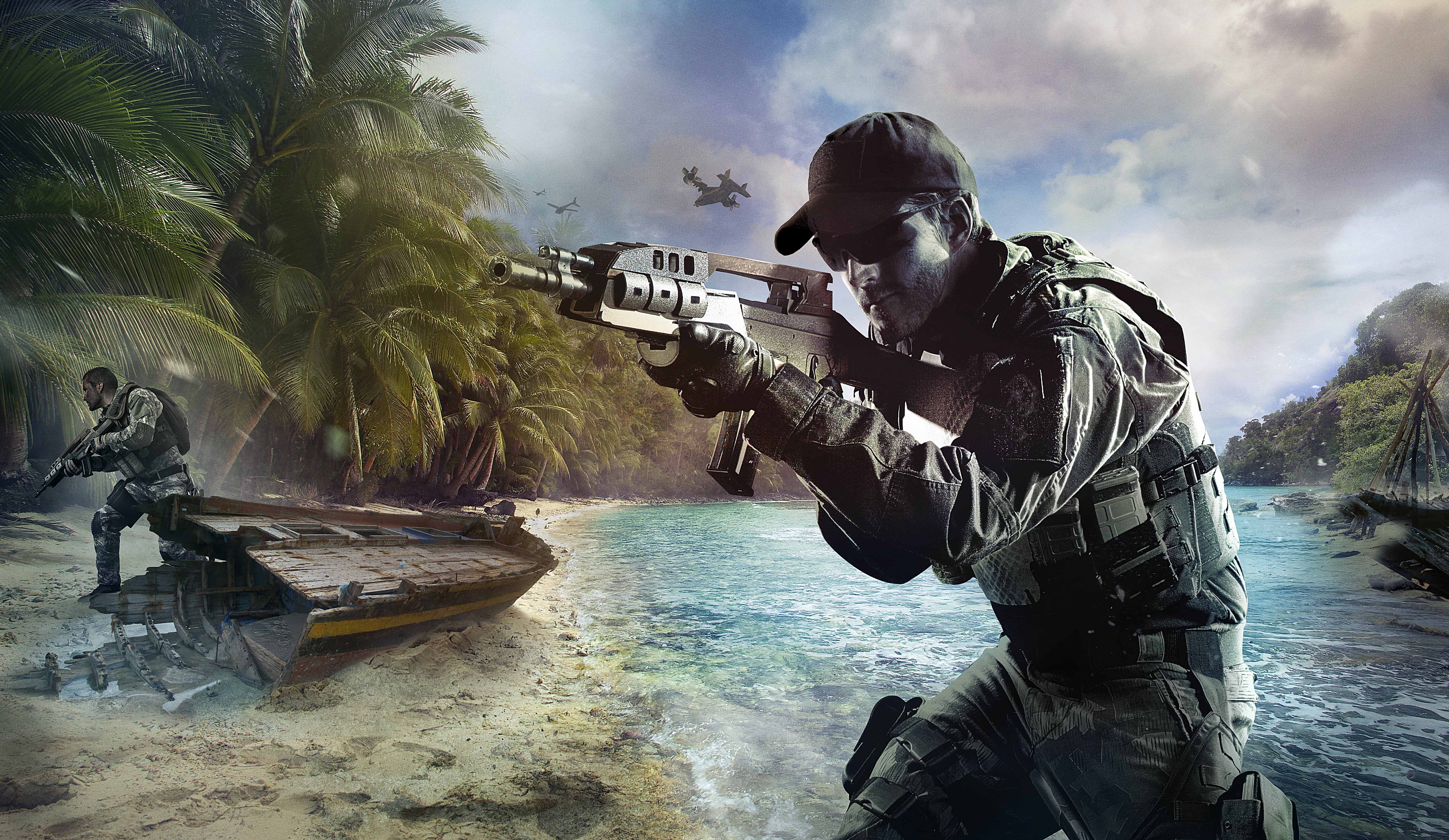 man with rifle digital wallpaper, beach, war, boat, island, soldiers