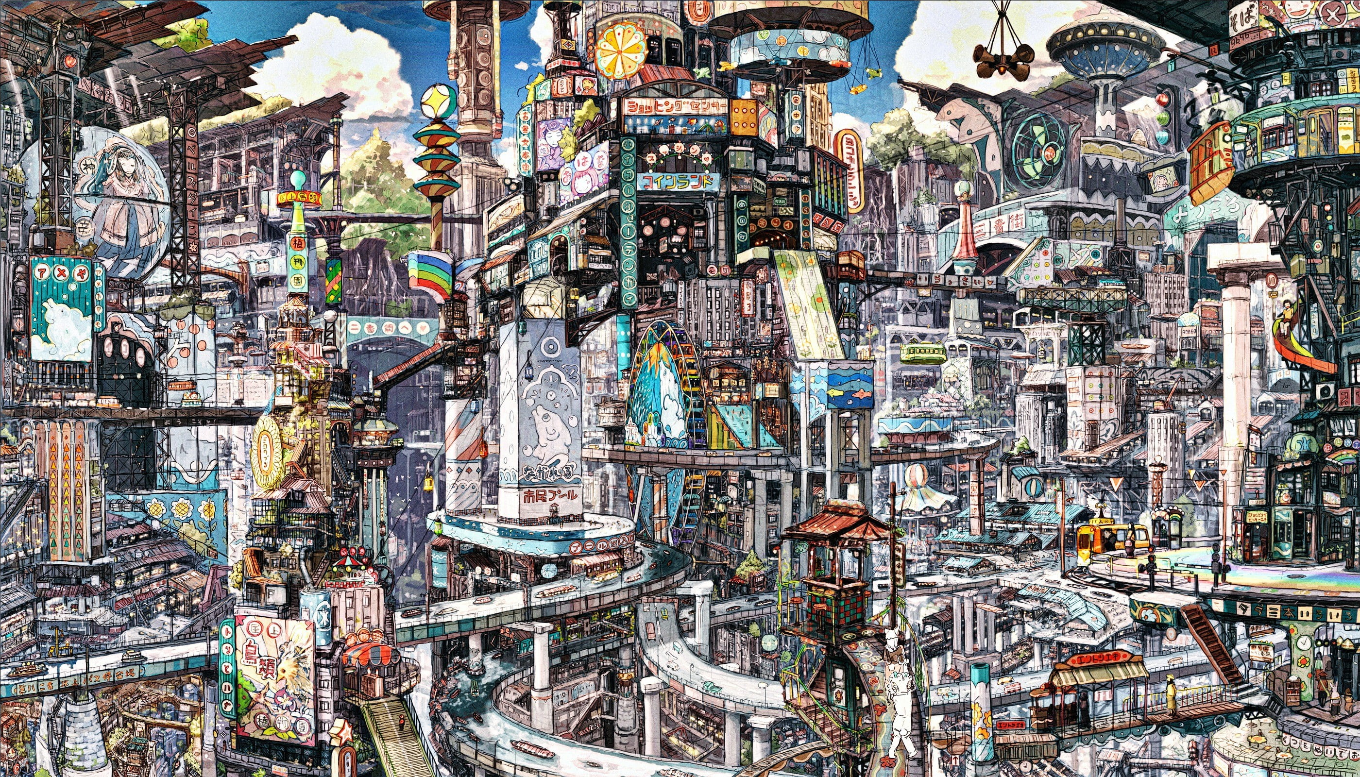 multicolored painting, future city illustration, anime, cityscape