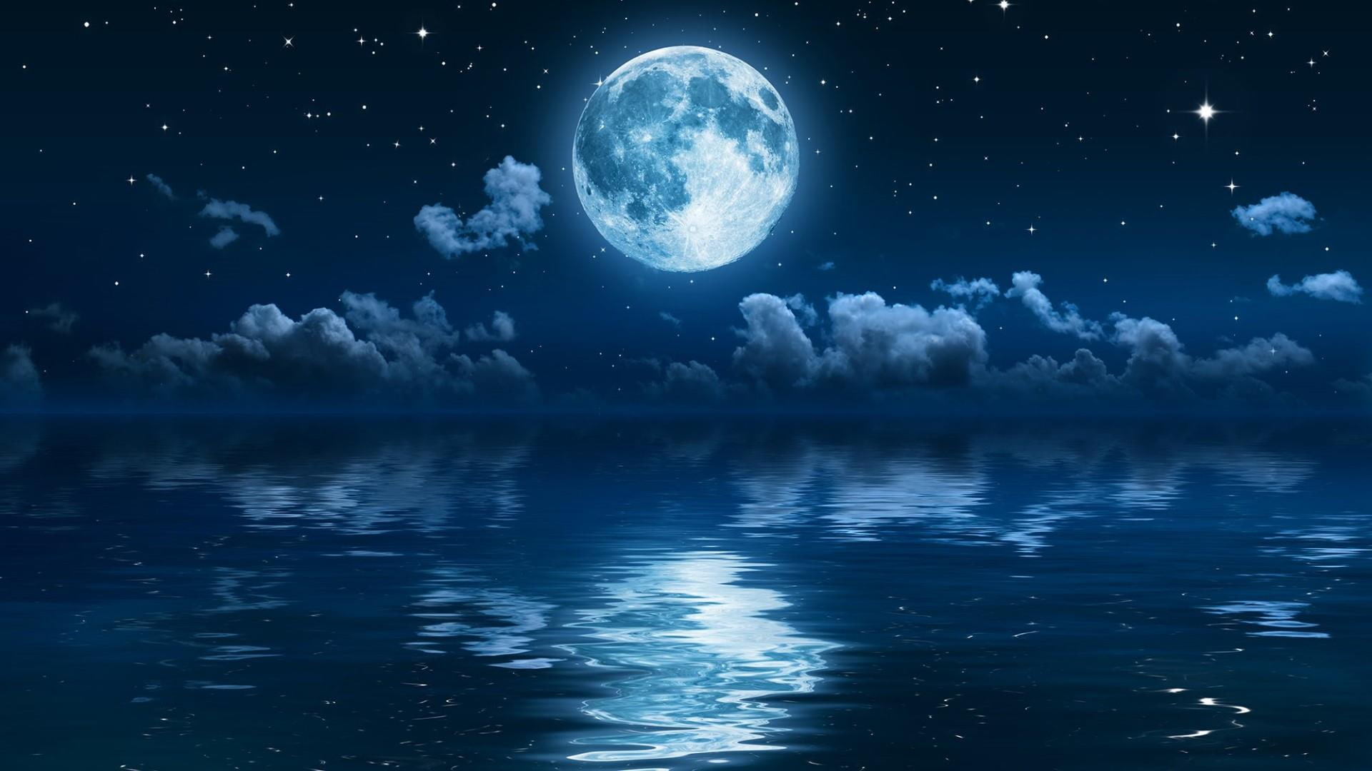 full moon, stars, sea, sky, night, night sky