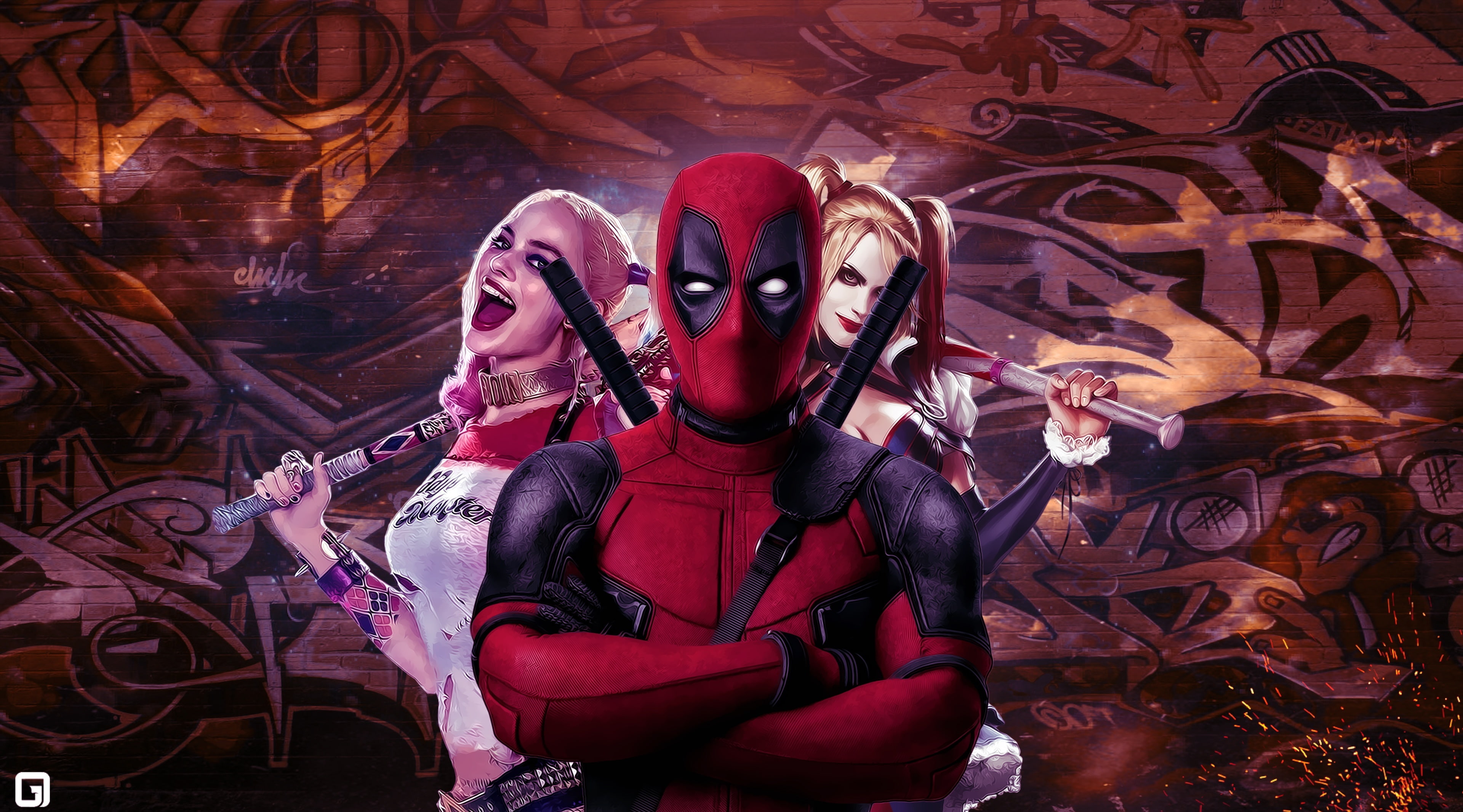Deadpool and Harley Quinn, Deadpool digital wallpaper, Movies