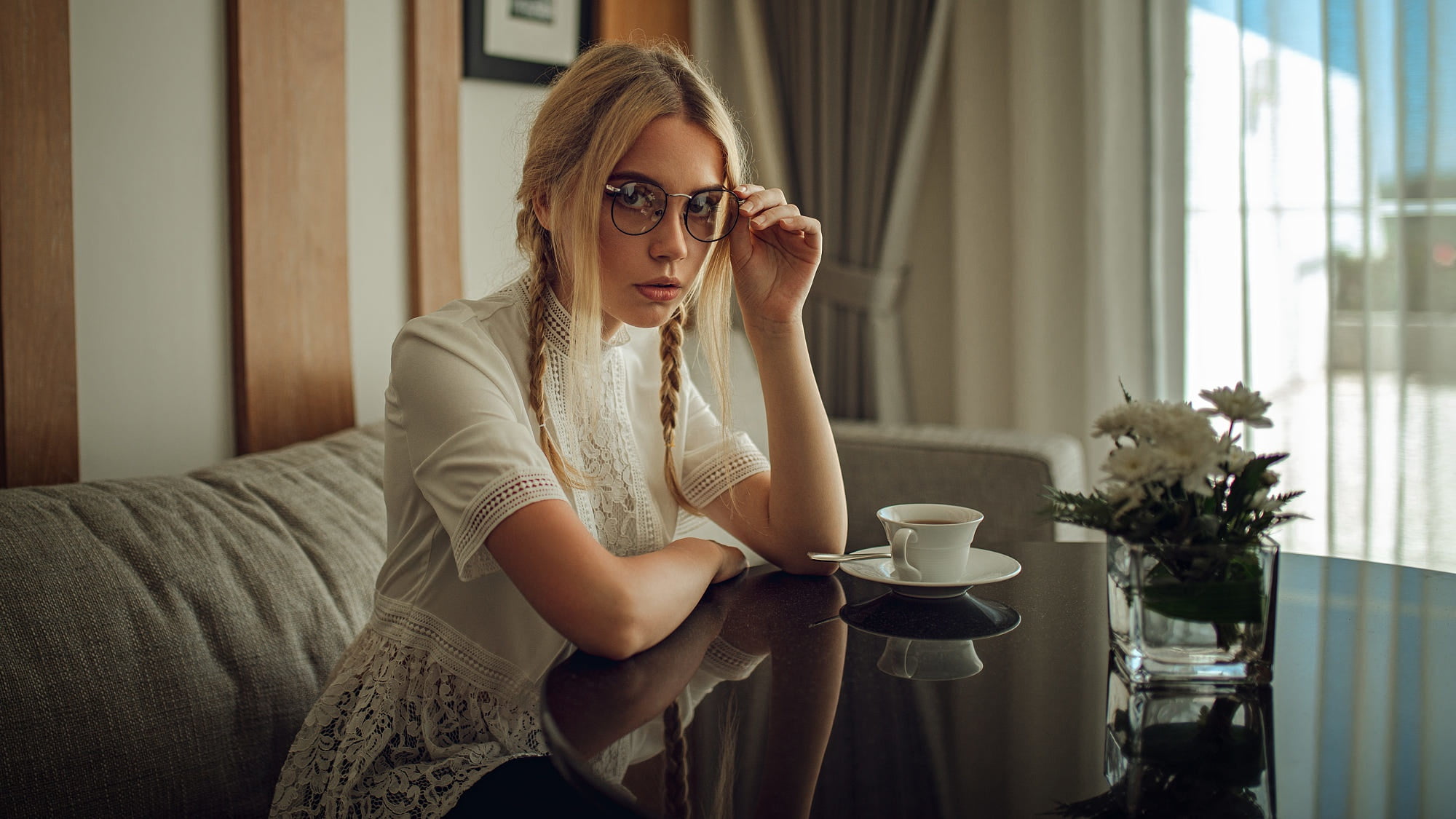 women with glasses, blonde, model, cup, table, Ksenia Kokoreva