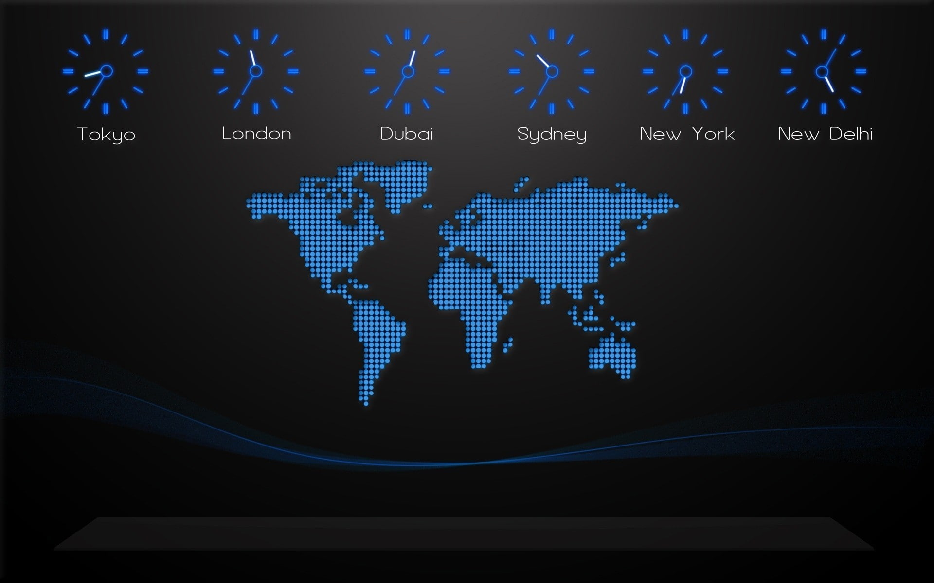 black background, world map, time zones, digital art, clocks