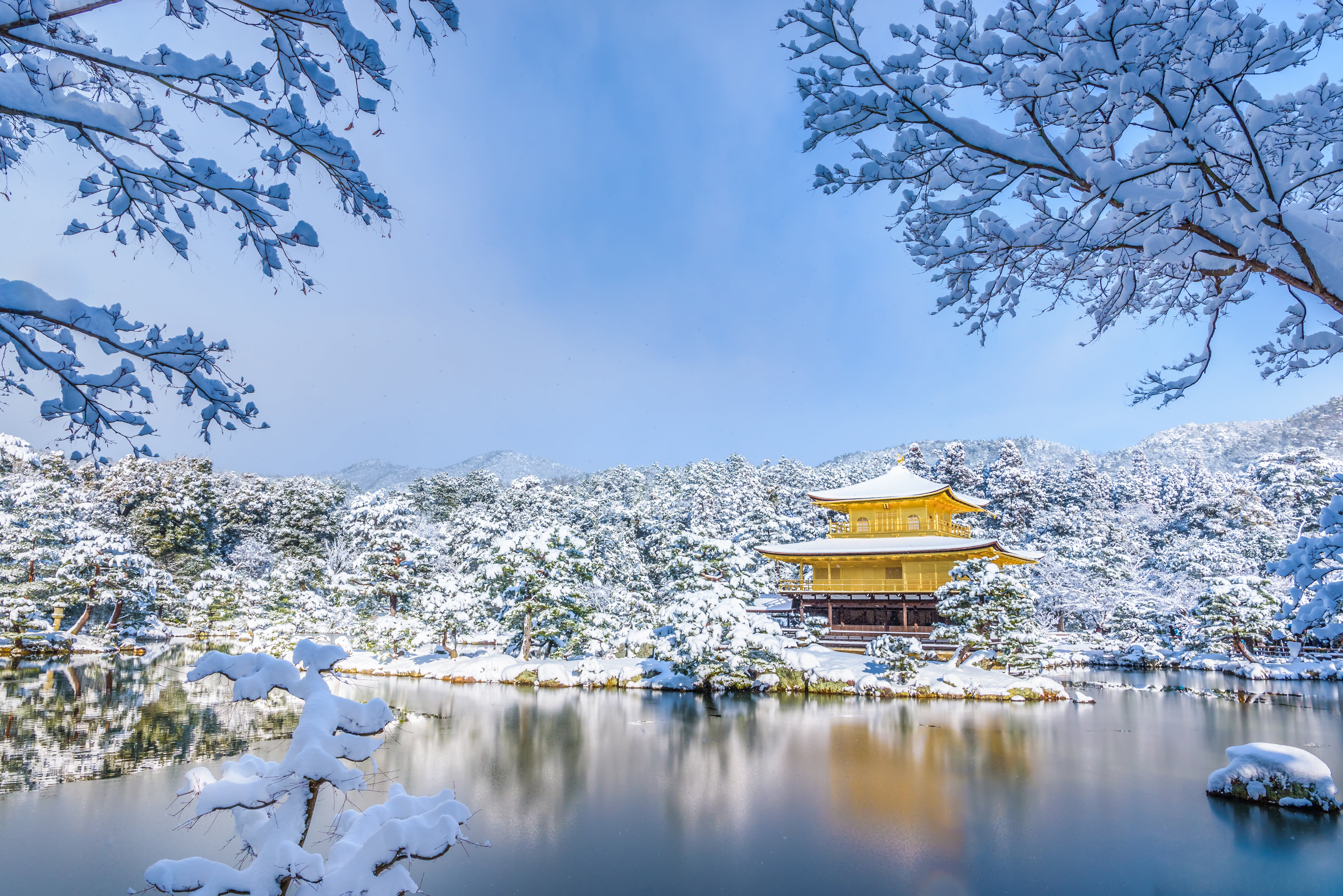 winter, snow, trees, pond, Park, Japan, temple, Kyoto, Golden Pavilion