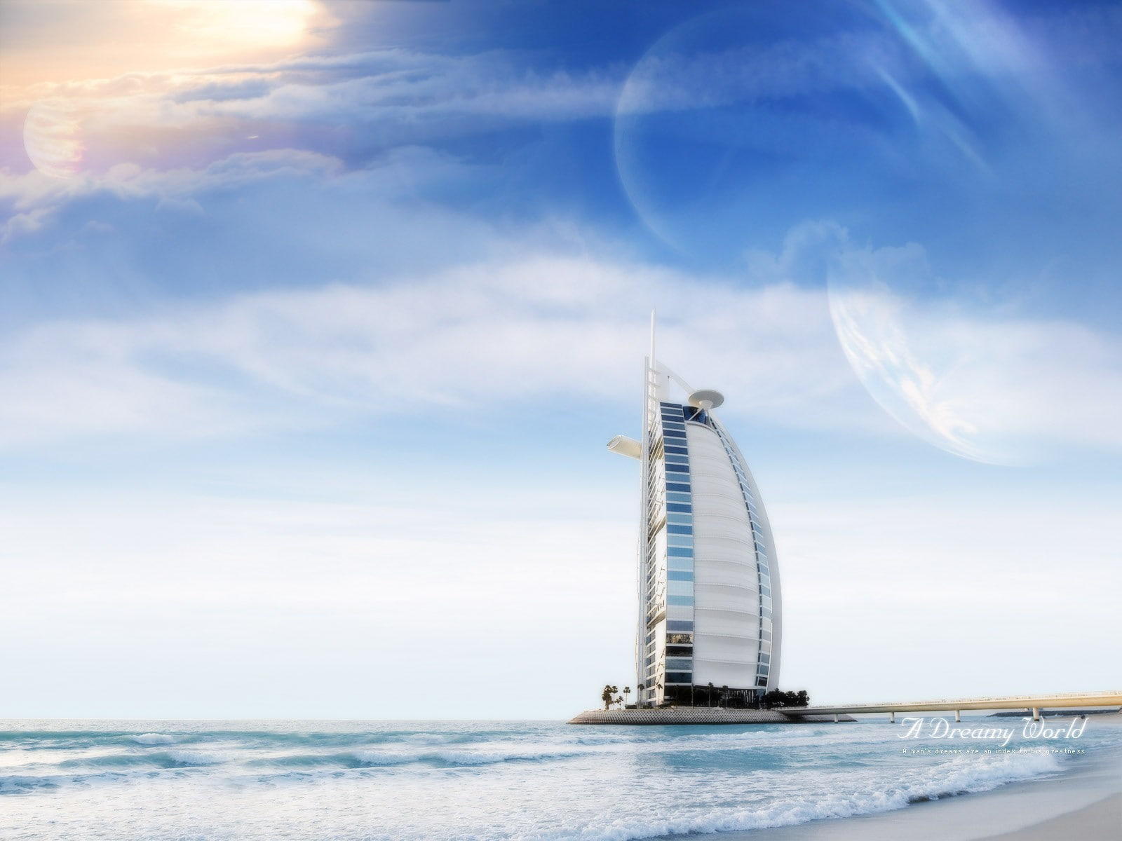 grey and blue building, sea, clouds, Dreamy World, Burj al Arab