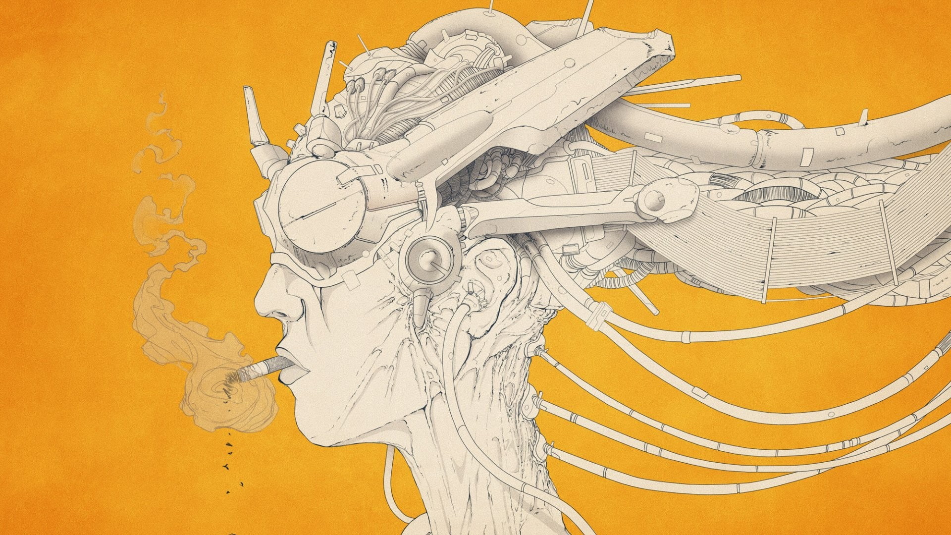 Artwork, Cyborg, Smoking, Simple Background, woman with devices on head with smoking sketch