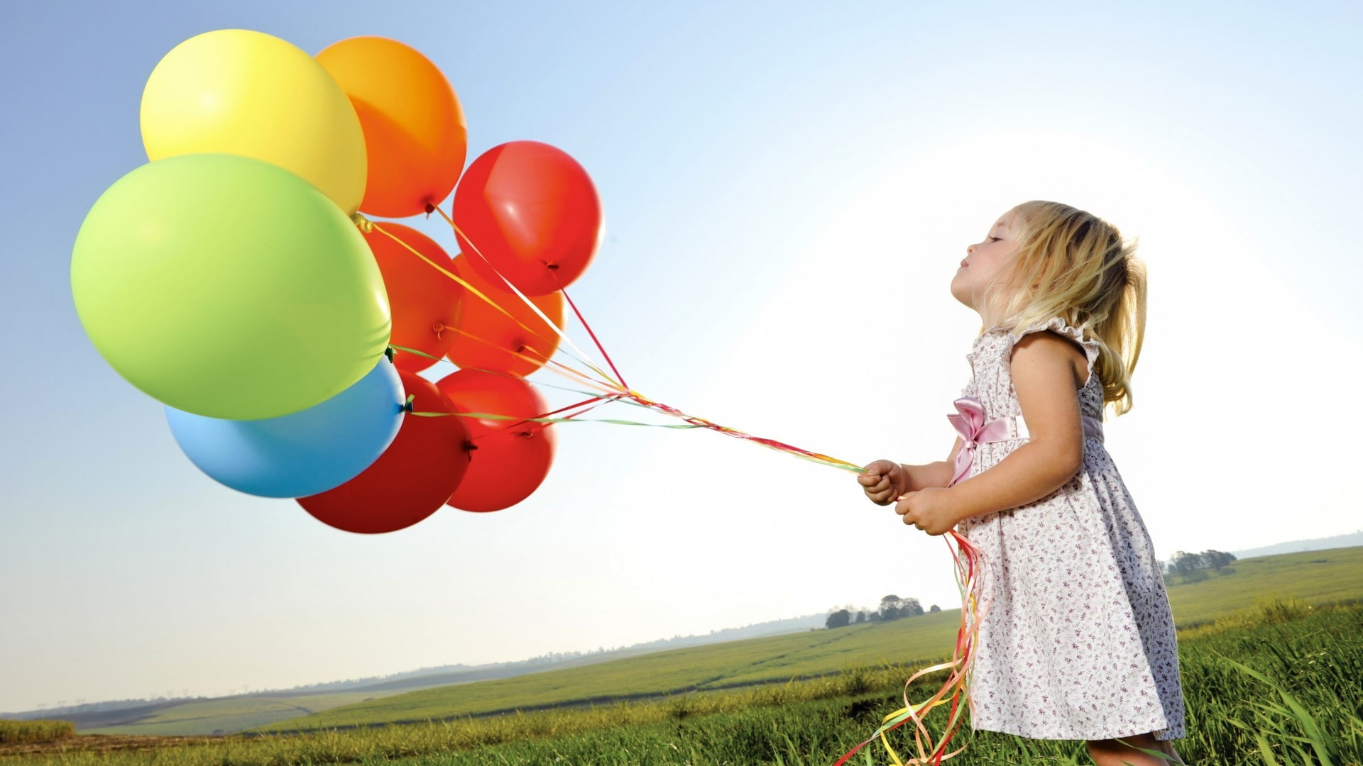 balloon, children, field, colorful, knot, blonde, holding, girls