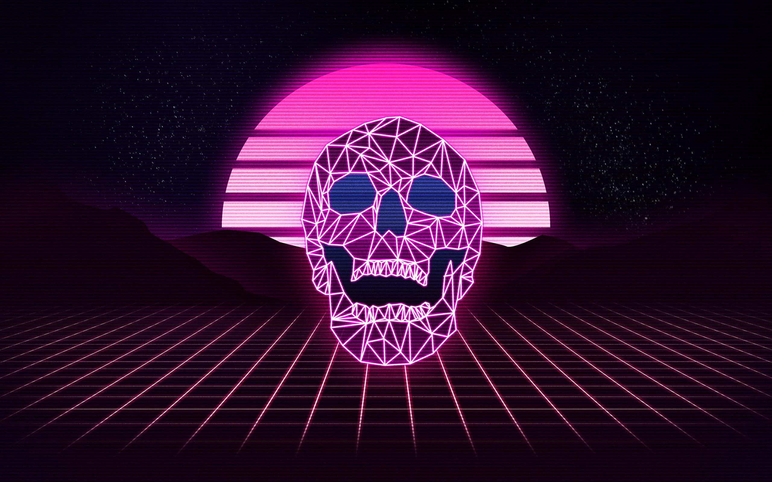skull, neon, synthwave, digital art