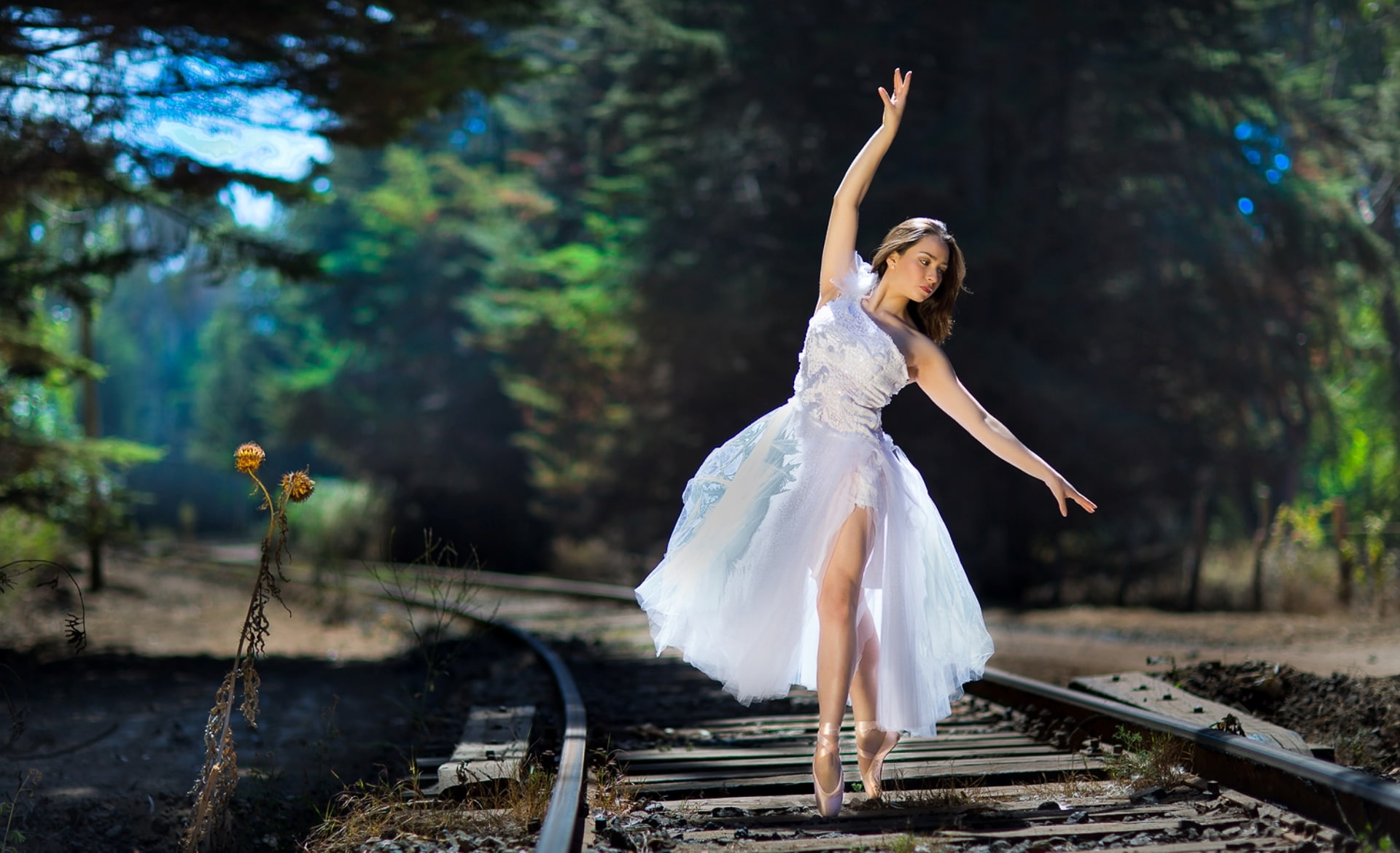 women's white dress, girl, dance, railroad, ballerina, one person