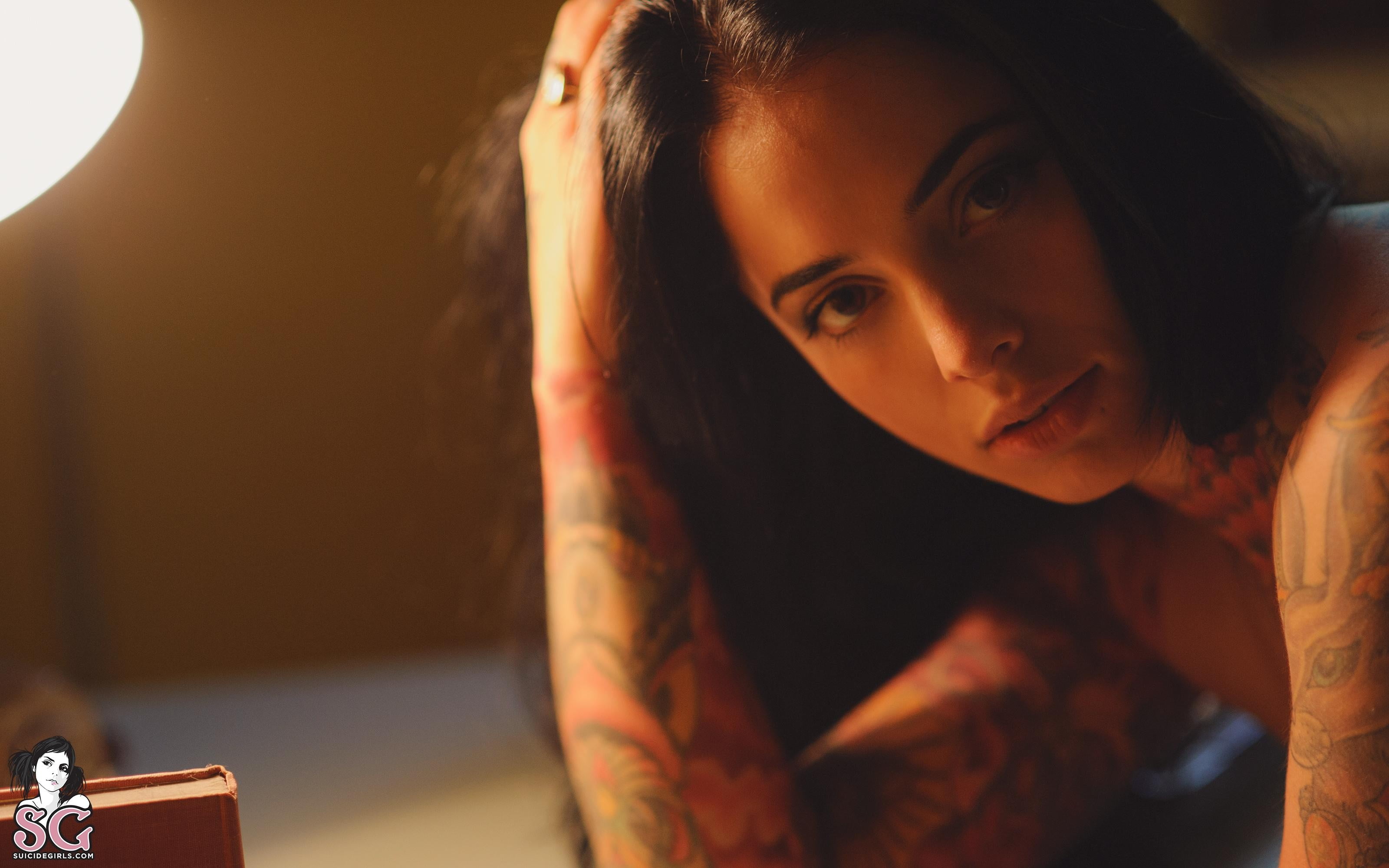 black hair, Suicide Girls, Radeo Suicide, tattoo, face, lamp