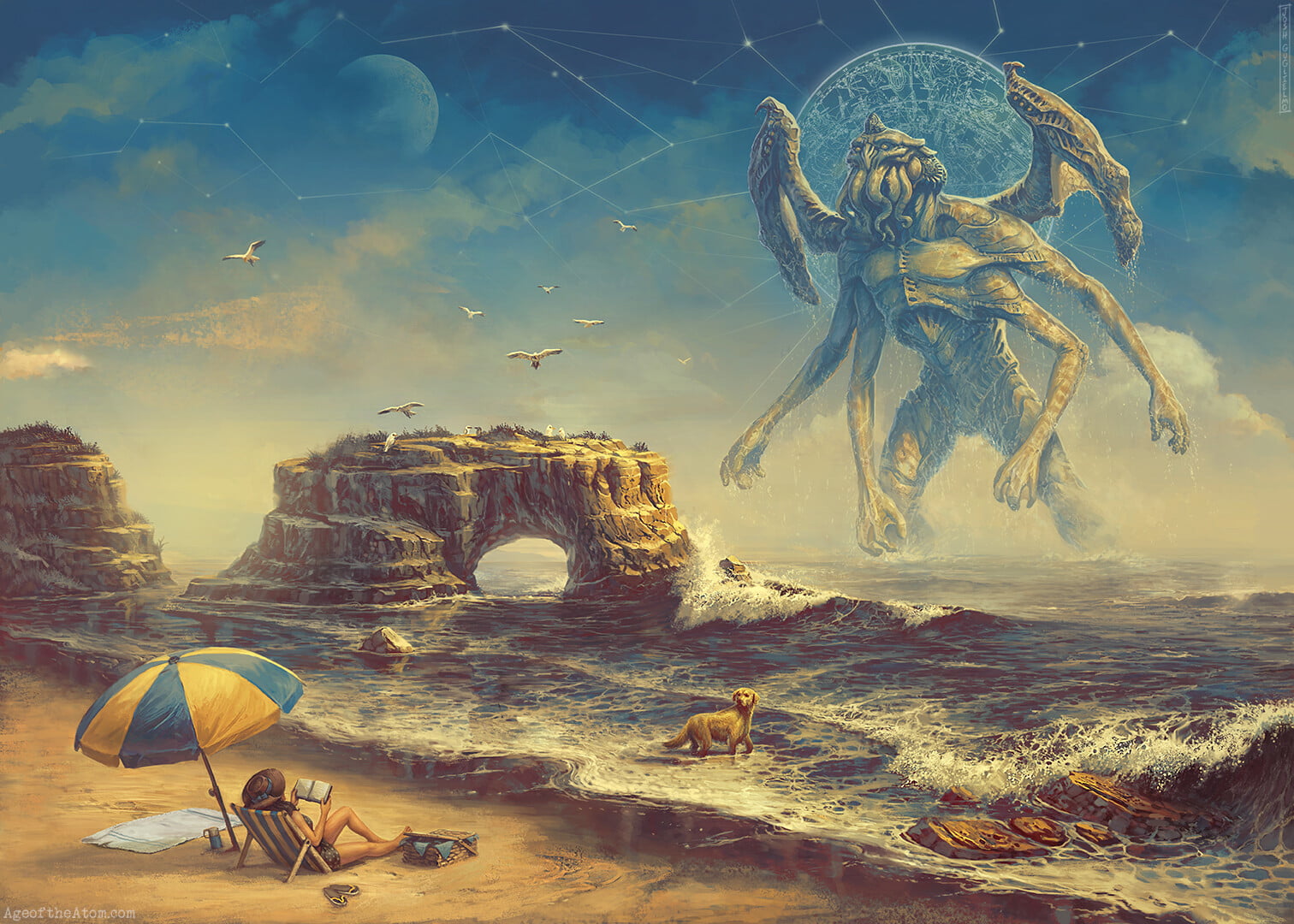 josh guglielmo, Cthulu, cosmic horror, beach, dog