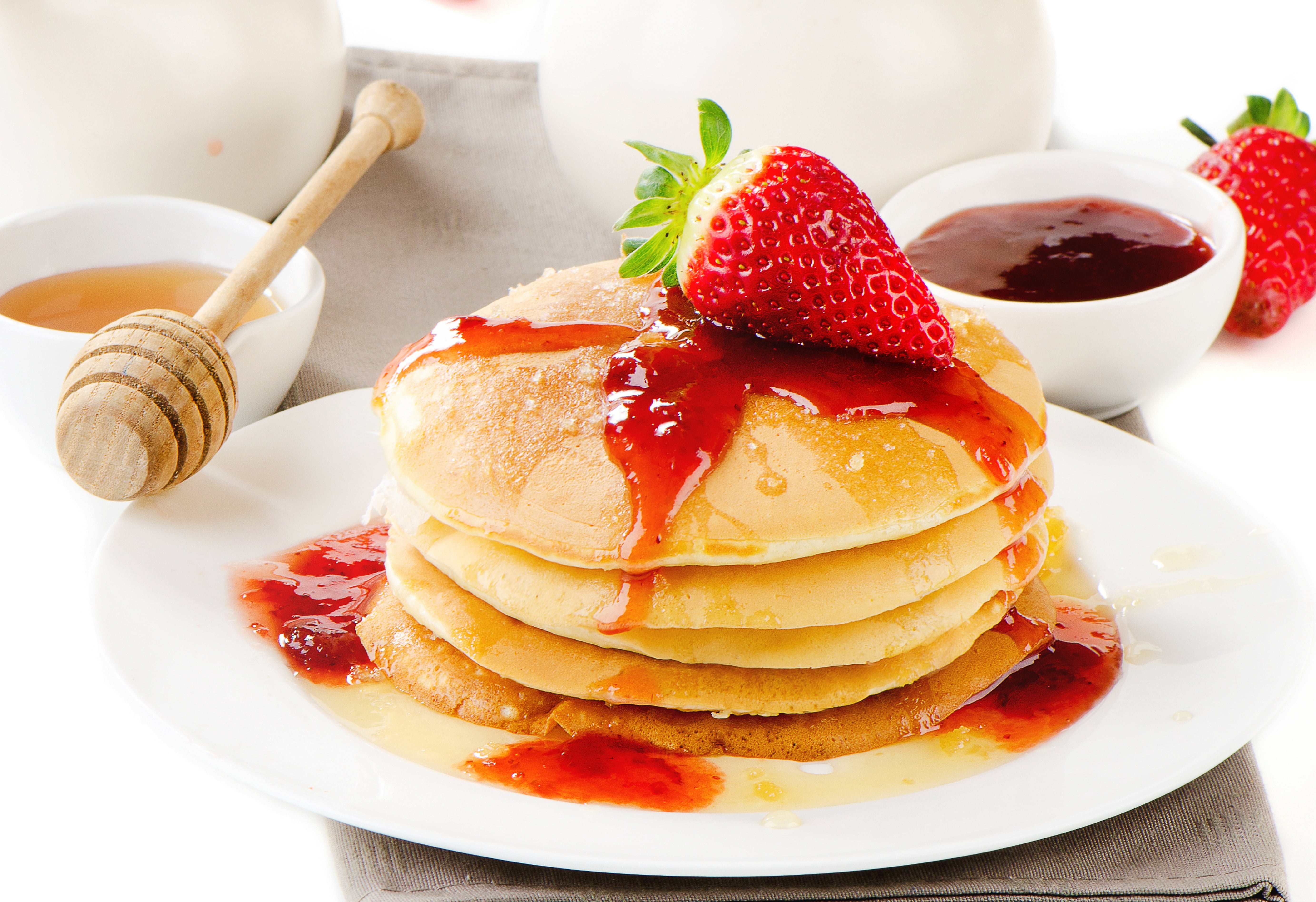 pancakes, food, strawberry, honey, red, jam, dessert, plate, gourmet