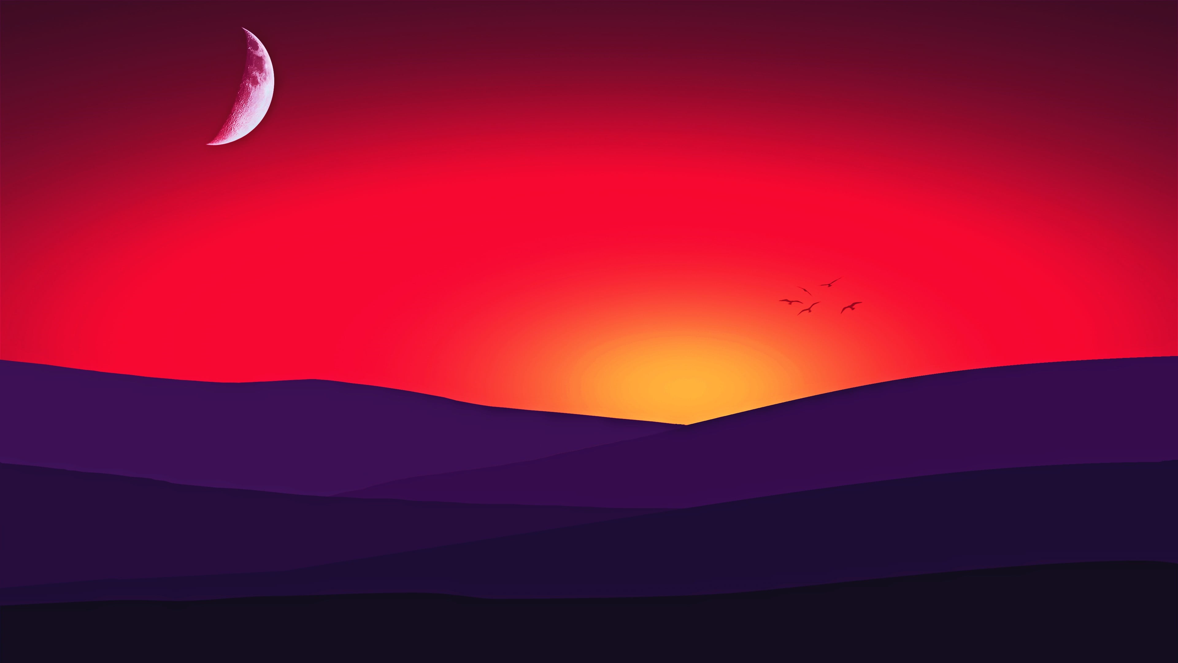 moon, sunset, landscape, red sky, graphics, illustration, minimalist