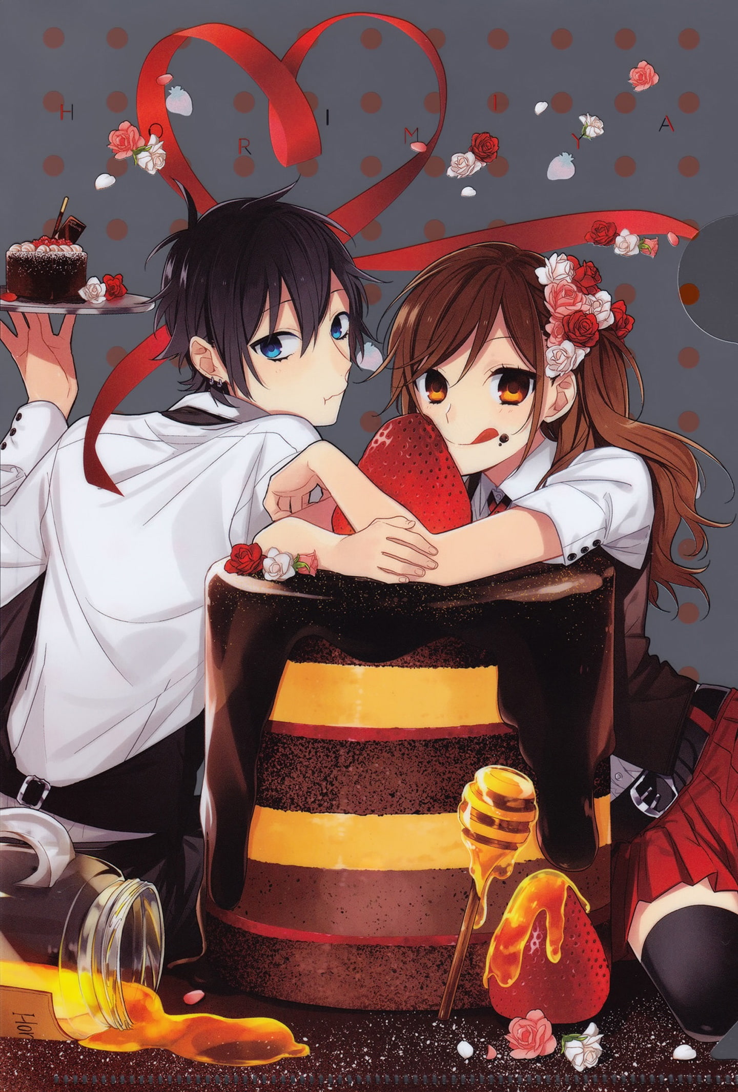anime, cake, couple, food, horimiya, rose, series