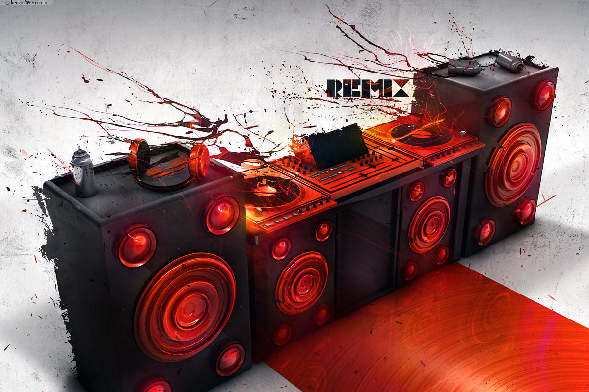 DJ controller on top of PA speaker digital wallpaper, music, CGI
