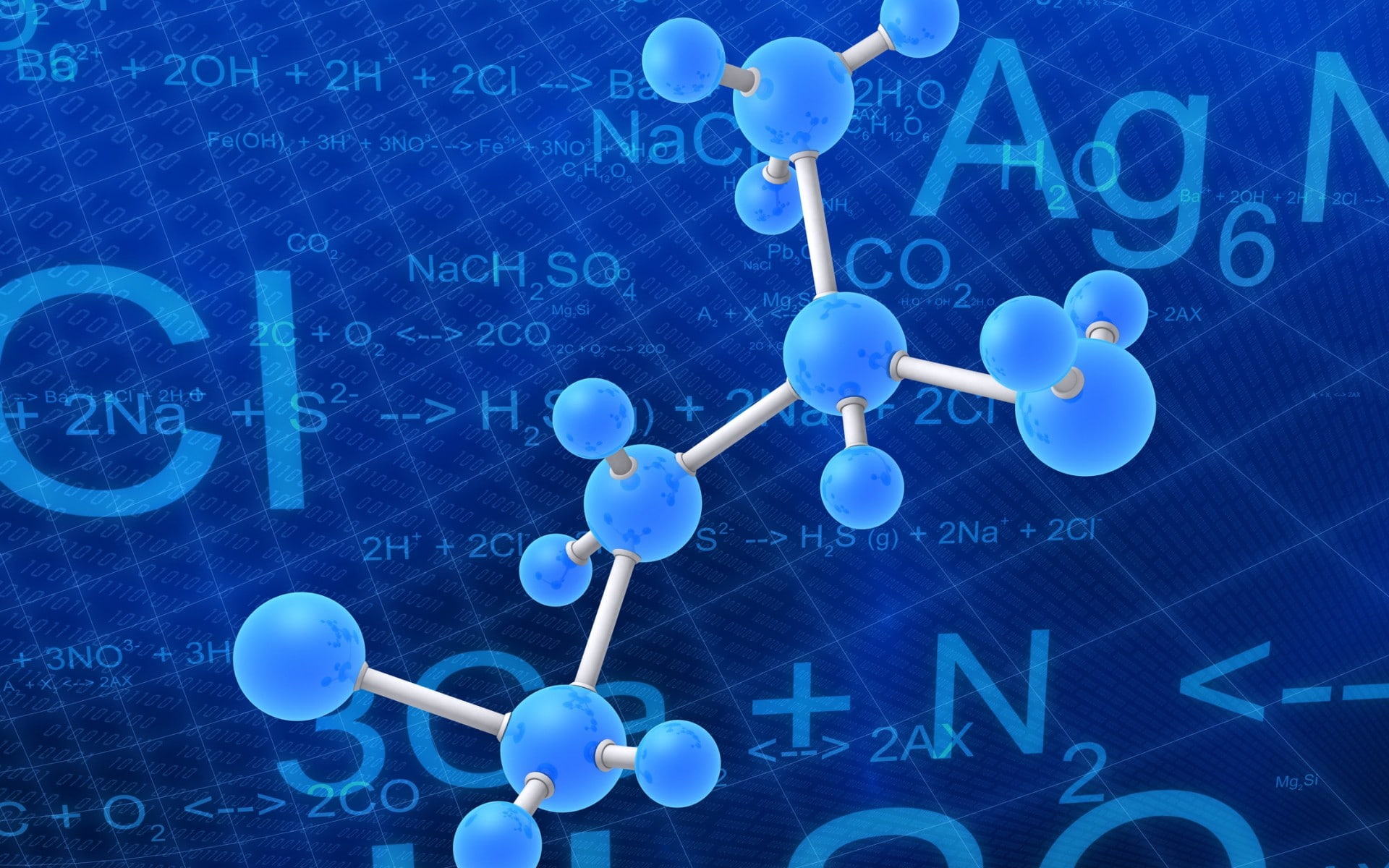 Chemistry, Atoms, 3D, Blue Background, Numbers, Knowledge, Elements, Binary, Code, Squares, Molecular Models