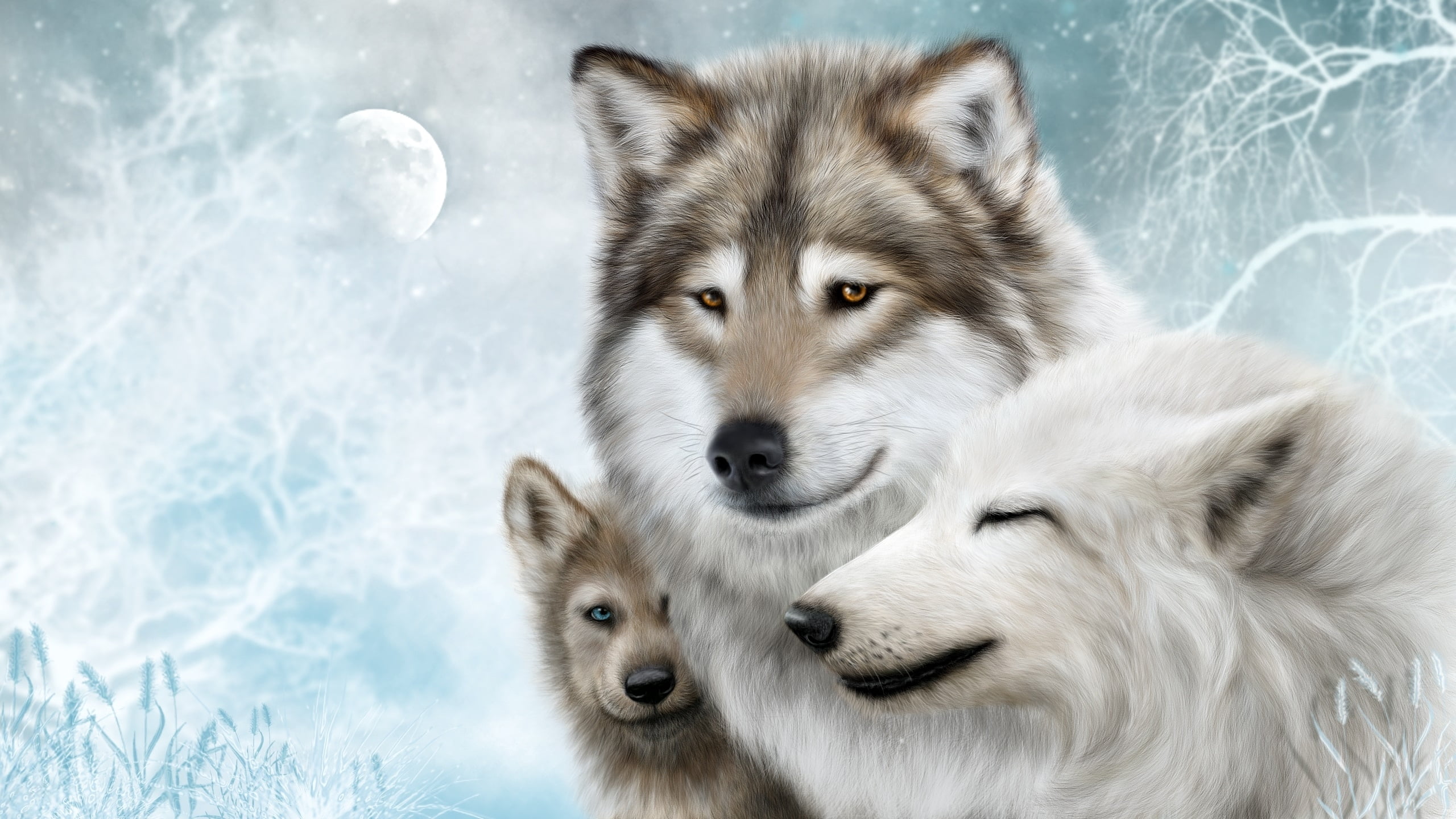 three brown-and-white wolves, the moon, predators, family, dog