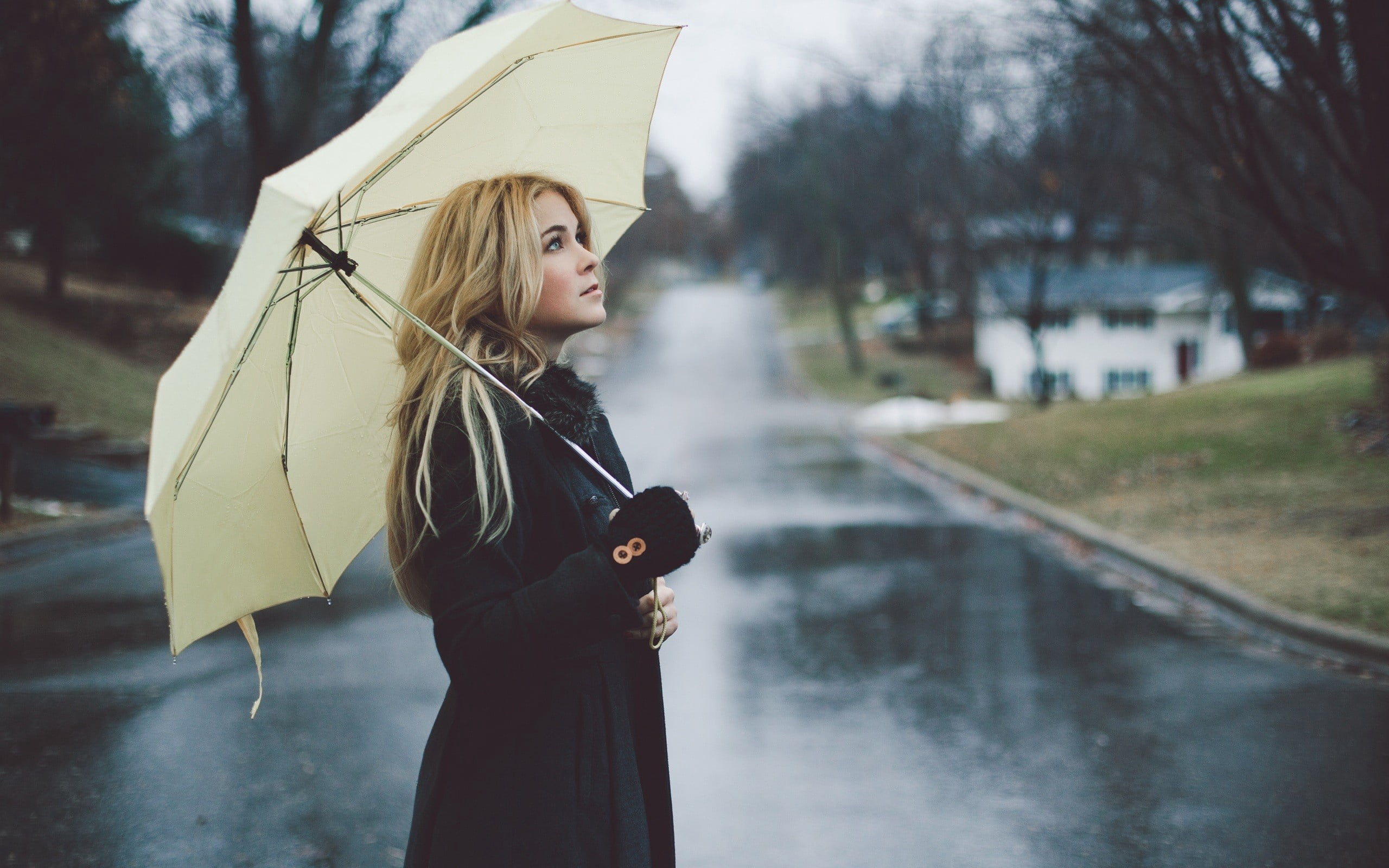 women's black coat, girl, blonde, umbrella, street, rain, raincoat